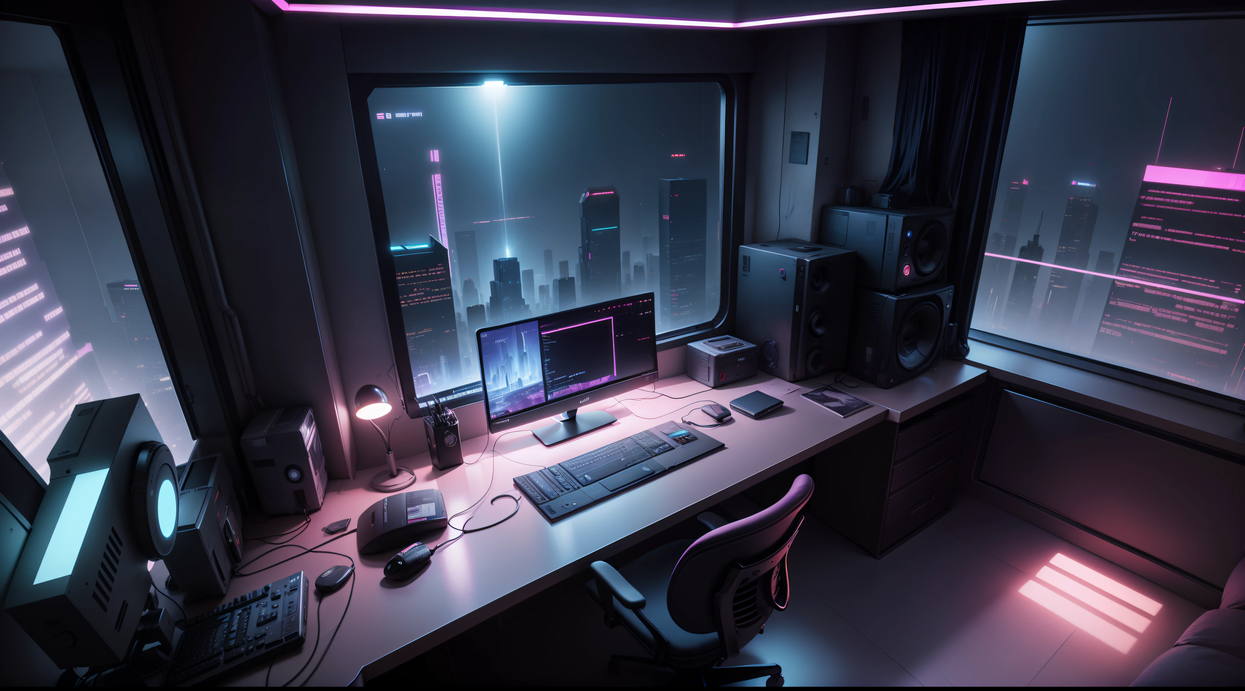 Room at night, ciberpunk, There is one computer desk in the room, Cyberpunk room, Futurism, Drive Style