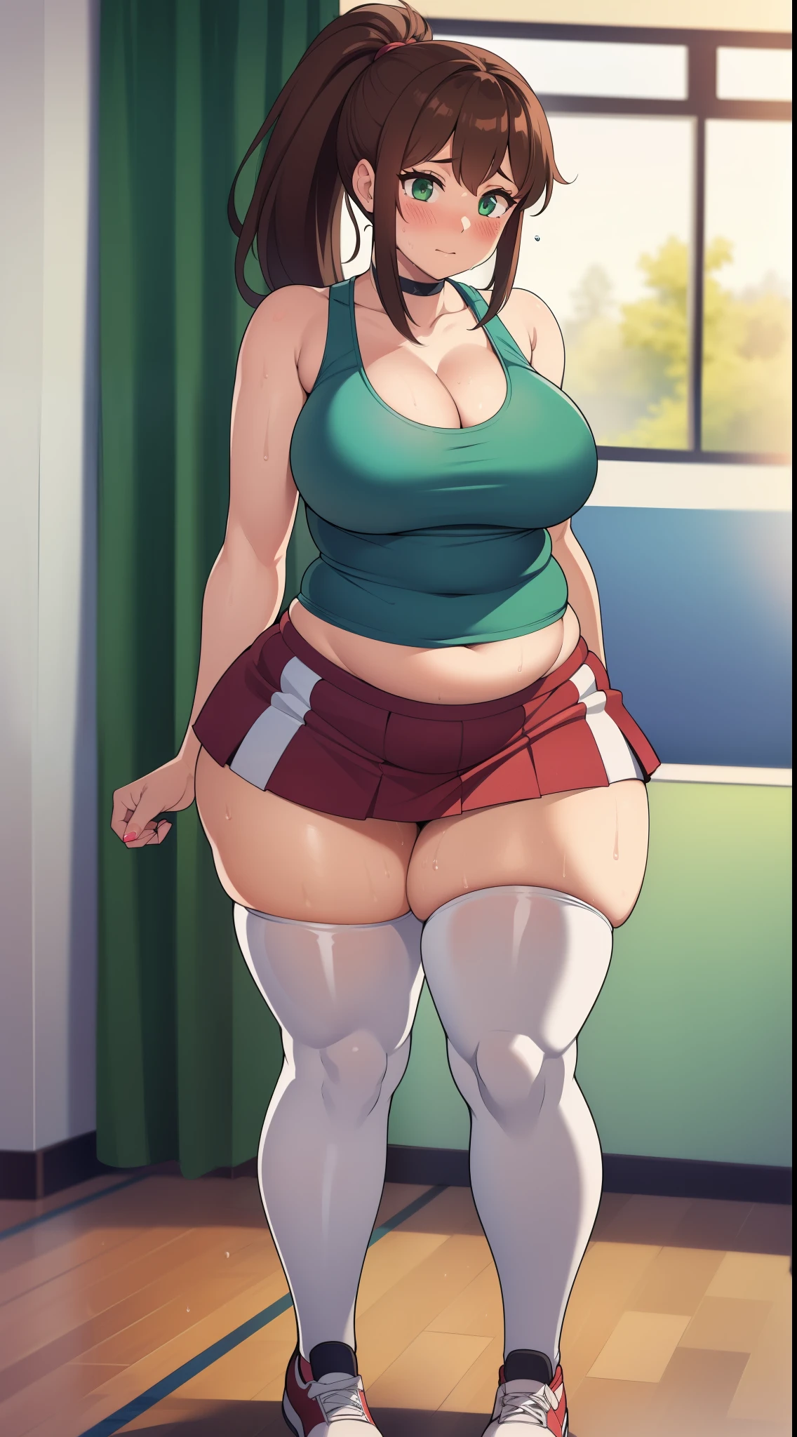 ((Masterpiece)), perfect anatomy, (best quality), extremely delicate and beautiful, detailed face, ultra cute face, cute , looking at viewer, full body, (((1girl))), (((solo))), cheerleader long hair, fluffy hair, brown hair, ponytail, green eyes, ((blush)), (cheerleader uniform), (white tank top 1.2), (short section red skirt 1.2), thigh highs, chocker, extremely tight clothes, large breasts, cleavage, perky breasts, (wide hips), (thick thighs), chubby, pudgy belly, School gym, intricate background, detailed background, sweaty,