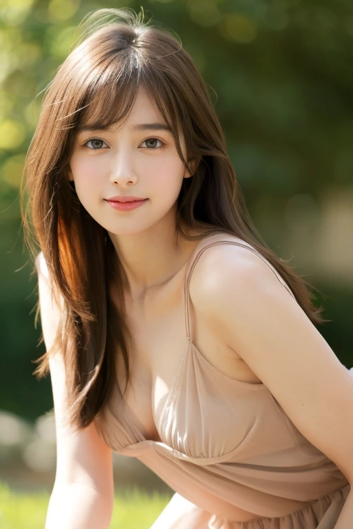 (RAW photo, highest quality), naked, Sheer Dress, thin waist、thick thighs、long legs、necklace, 、very delicate and beautiful, soft light, (brown hair, short hair swaying in the wind, bangs), beautiful detailed girl, spread your arms out to the sides like a bird、(finger details), highly detailed eyes and face, beautifully detailed nose, beautiful and detailed eyes, 1 girl, Japanese, Neat beauty, cute, young, smile, ,(medium breasts), realistic face, realistic body, The hair on the skin shines、mole on face and chest、dress swaying in the wind、stare at the camera、garden、The background is bokeh