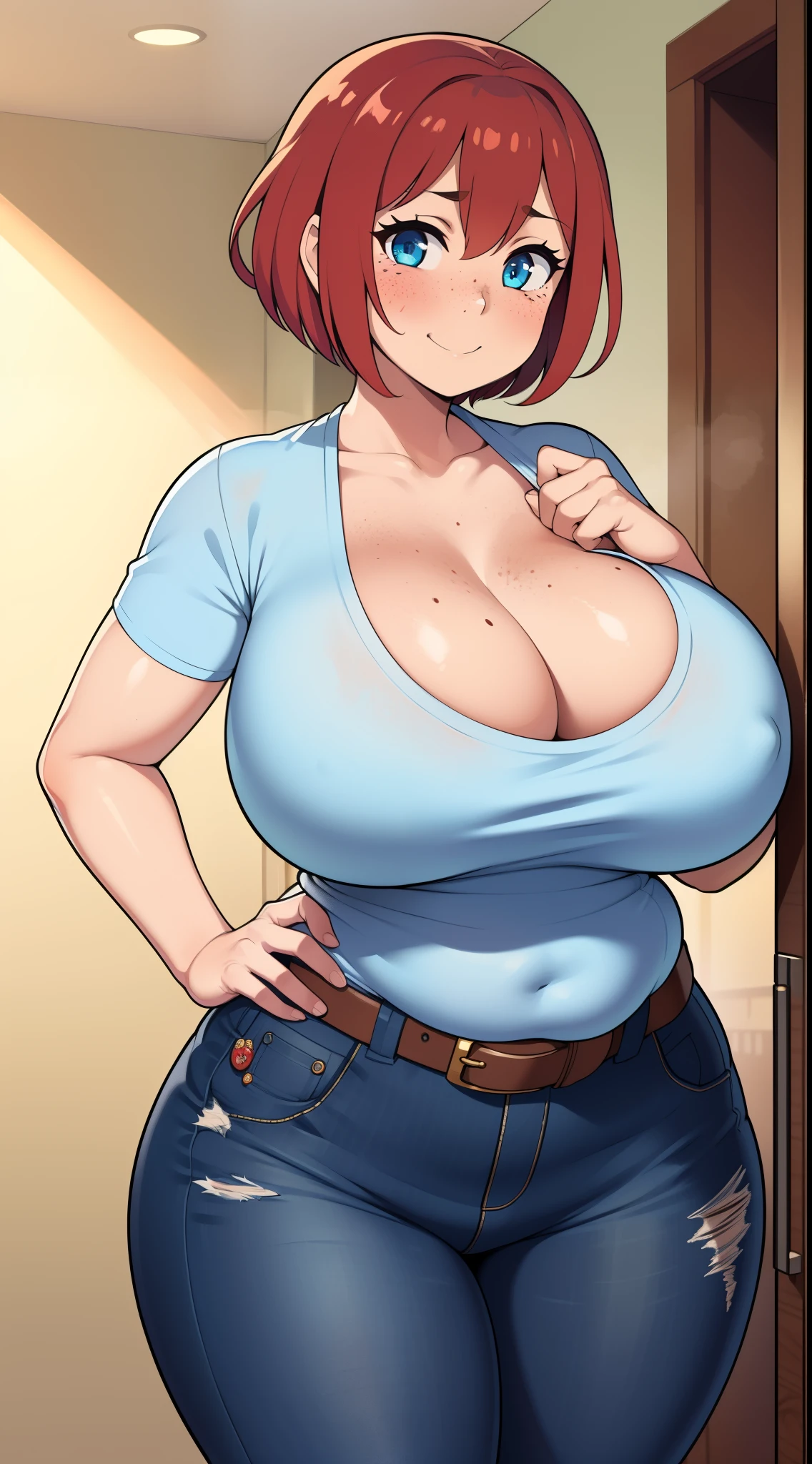 ((highres)), Masterpiece, high quality, best quality, beautiful, perfect lighting, detailed face, ultra cute face, ((1girl)), ((solo), short red hair, fluffy hair, blue eyes, freckles, ((blush)), affectionate smile, looking at viewer, hand on hip, arm at side, farm, daytime, black shirt, jeans, belt, (tight clothes), (massive breasts), cleavage, perky breasts, (wide hips), ((thick thighs)), chubby, chubby belly,