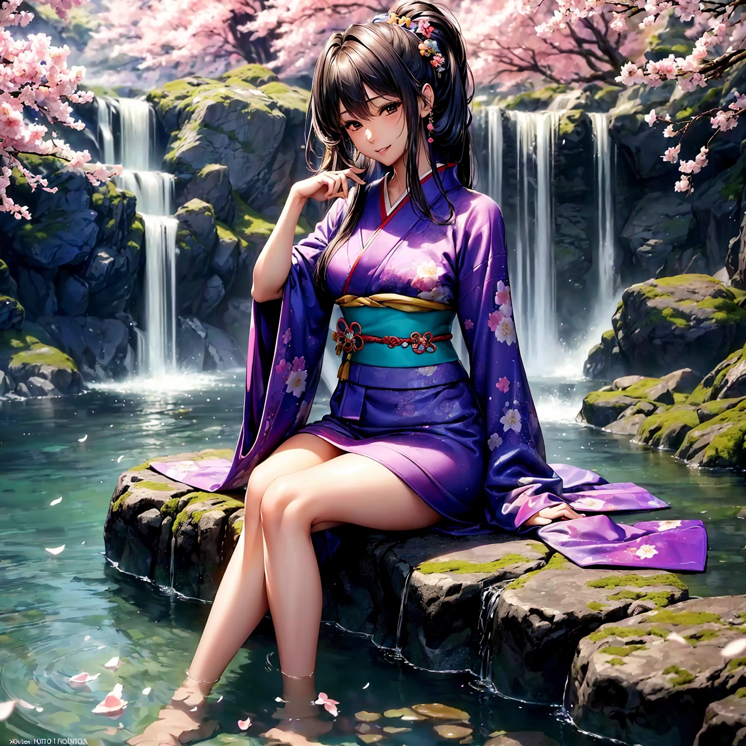 (((highest quality、masterpiece、very high resolution、highly detailed images、detailed details)))、(A woman of perfect and ultimate beauty:18-year-old, beautiful body:Slender and beautiful breasts、beautiful face:smile、beautiful hair:various hairstyles)、(best skin and hair texture)、((japanese kimono:Beautiful Japanese pattern and colorful,shoulders are exposed,I can see my thighs)),(Fantastic waterside,There is a waterfall,Night cherry blossoms and lanterns,mysterious night sky,natural light,beautiful scenery,beautiful scenery),(beautiful pose:sitting,model shoot),(bijinga,realistic portrait),(Overall image、highly detailed images、accurate image:1.5、accurate ???????:1.5、Image without defects,perfect image,Overall image),(best shot,RAW photo:1.2)