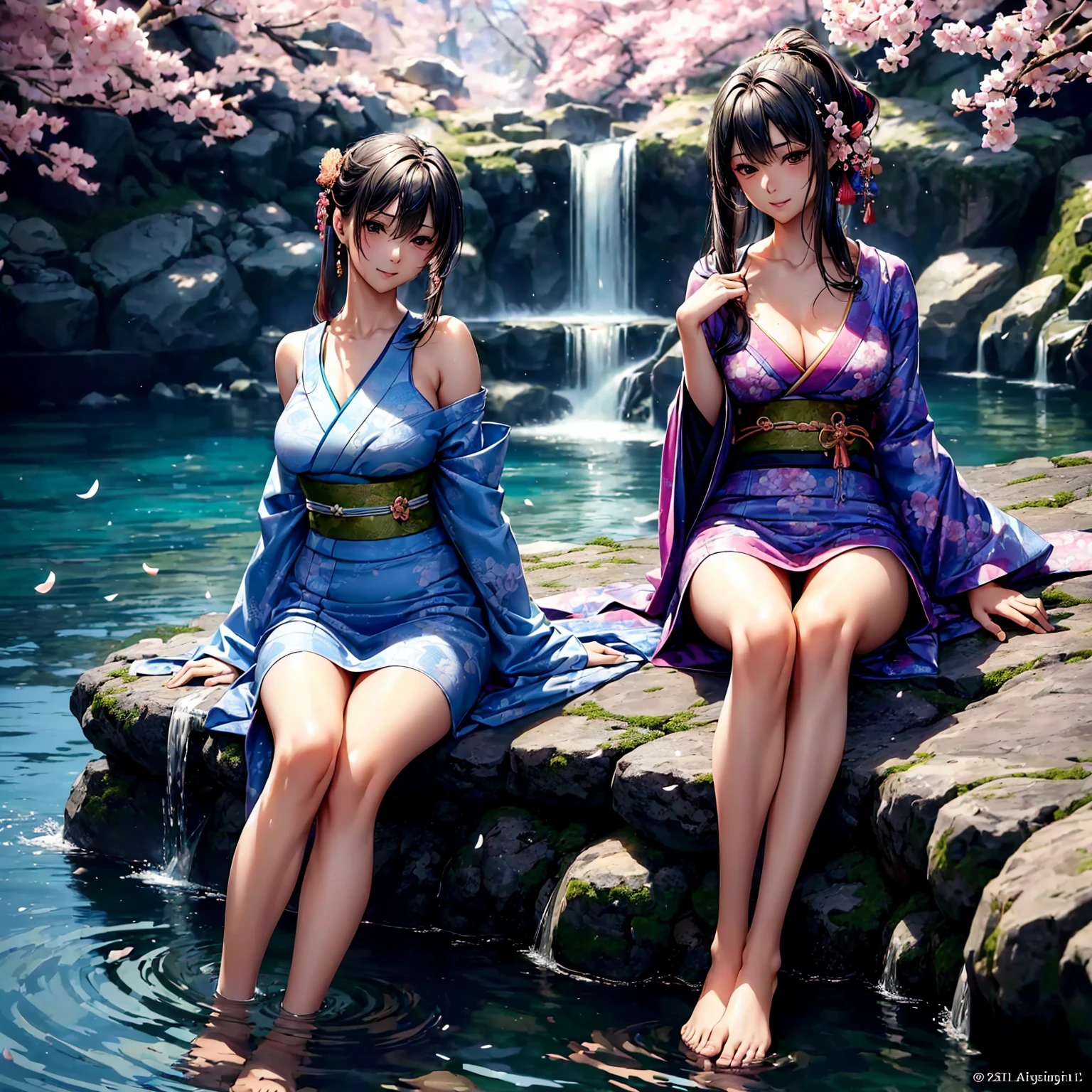 (((highest quality、masterpiece、very high resolution、highly detailed images、detailed details)))、(A woman of perfect and ultimate beauty:18-year-old, beautiful body:Slender and beautiful breasts、beautiful face:smile、beautiful hair:various hairstyles)、(best skin and hair texture)、((japanese kimono:Beautiful Japanese pattern and colorful,shoulders are exposed,I can see my thighs)),(Fantastic waterside,There is a waterfall,Night cherry blossoms and lanterns,mysterious night sky,natural light,beautiful scenery,beautiful scenery),(beautiful pose:sitting,model shoot),(bijinga,realistic portrait),(Overall image、highly detailed images、accurate image:1.5、accurate anatomy:1.5、Image without defects,perfect image,Overall image),(best shot,RAW photo:1.2)