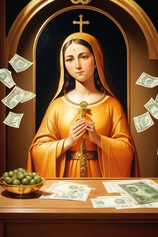 Produce a religious catolic painting of Our Lady of Money with blond hair holding a lot of money. Money, money everywhere. Orange color layout.