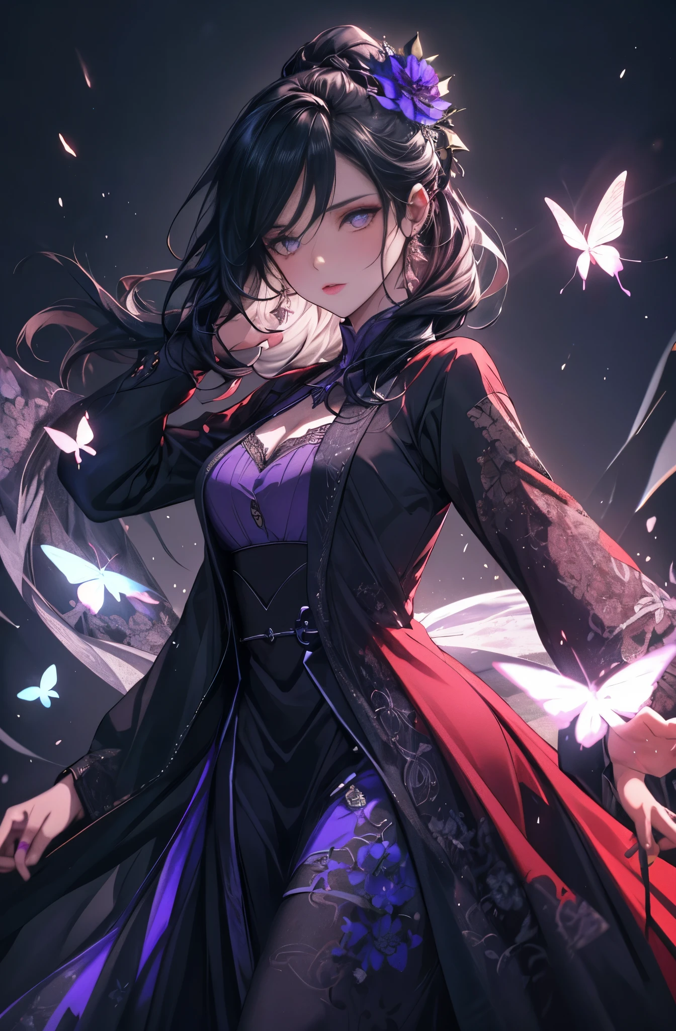 (ultra-detailed), master piece, best quality, high resolution, Wrapped in darkness, dark color, queen of darkness, long black hair, eyes glowing purple, ruins with many purple flowers, purple butterflies dancing, gorgeous dress with purple lace on a black background,