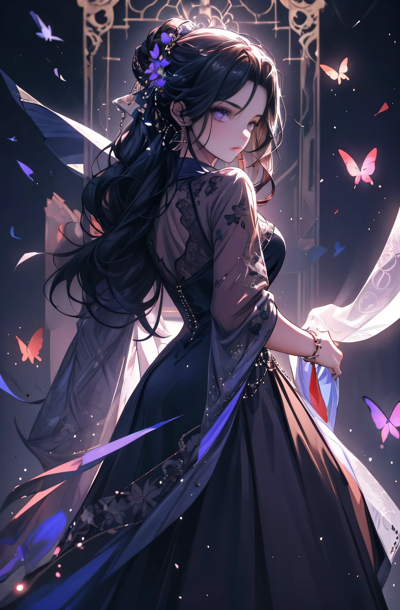 (ultra-detailed), master piece, best quality, high resolution, Wrapped in darkness, dark color, queen of darkness, long black hair, eyes glowing purple, ruins with many purple flowers, purple butterflies dancing, gorgeous dress with purple lace on a black background,