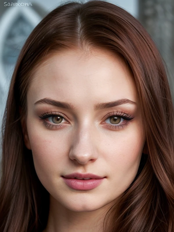 (((slavic woman))), (((heart shaped face))), ((look like Sophie Turner)), (((narrow chin))), (((chin like Elena Korikova))), (((jawline like Elena Korikova))), look like Felicity Jones, sansa stark,brunette with long brown hair, (brunette hair), light brown eyes, ((brown eyes)), posing for a picture, photorealistic beautiful face, realistic beautiful face, photo realistic, photorealistic faces, beautiful and realistic face, ultra realistic portrait,25 year-old, shoulder-length curvy hair, ((deep set eyes)), ((brown eyes)), plum color lipstick, (((very thin eyebrows))),(winged eyebrows), ((eyebrows like sansa stark )), ((thin lips)), big eyeliner, heavy blue eyeshadow, black eye shadow, white face skin, (((pale skin))), (((closed mouth))), (((mean face))), (((serious face))), regina like, elegant ,icy beauty, cold belle, ((evil smile)).