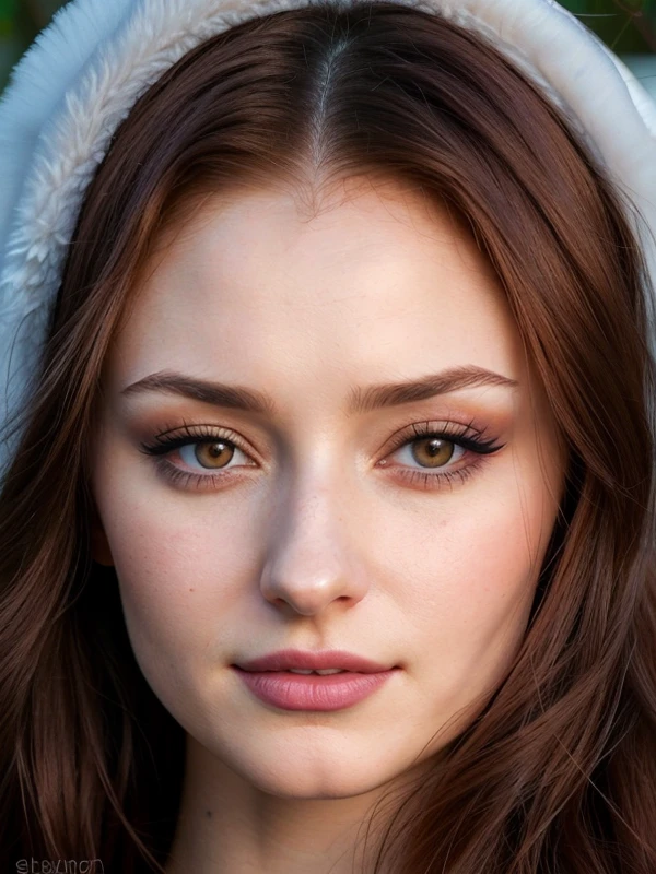 (((slavic woman))), (((heart shaped face))), ((look like Sophie Turner)), (((narrow chin))), (((chin like Elena Korikova))), (((jawline like Elena Korikova))), look like Felicity Jones, sansa stark,brunette with long brown hair, (brunette hair), light brown eyes, ((brown eyes)), posing for a picture, photorealistic beautiful face, realistic beautiful face, photo realistic, photorealistic faces, beautiful and realistic face, ultra realistic portrait,25 year-old, shoulder-length curvy hair, ((deep set eyes)), ((brown eyes)), plum color lipstick, (((very thin eyebrows))),(winged eyebrows), ((eyebrows like sansa stark )), ((thin lips)), big eyeliner, heavy blue eyeshadow, black eye shadow, white face skin, (((pale skin))), (((closed mouth))), (((mean face))), (((serious face))), regina like, elegant ,icy beauty, cold belle, ((evil smile)).
