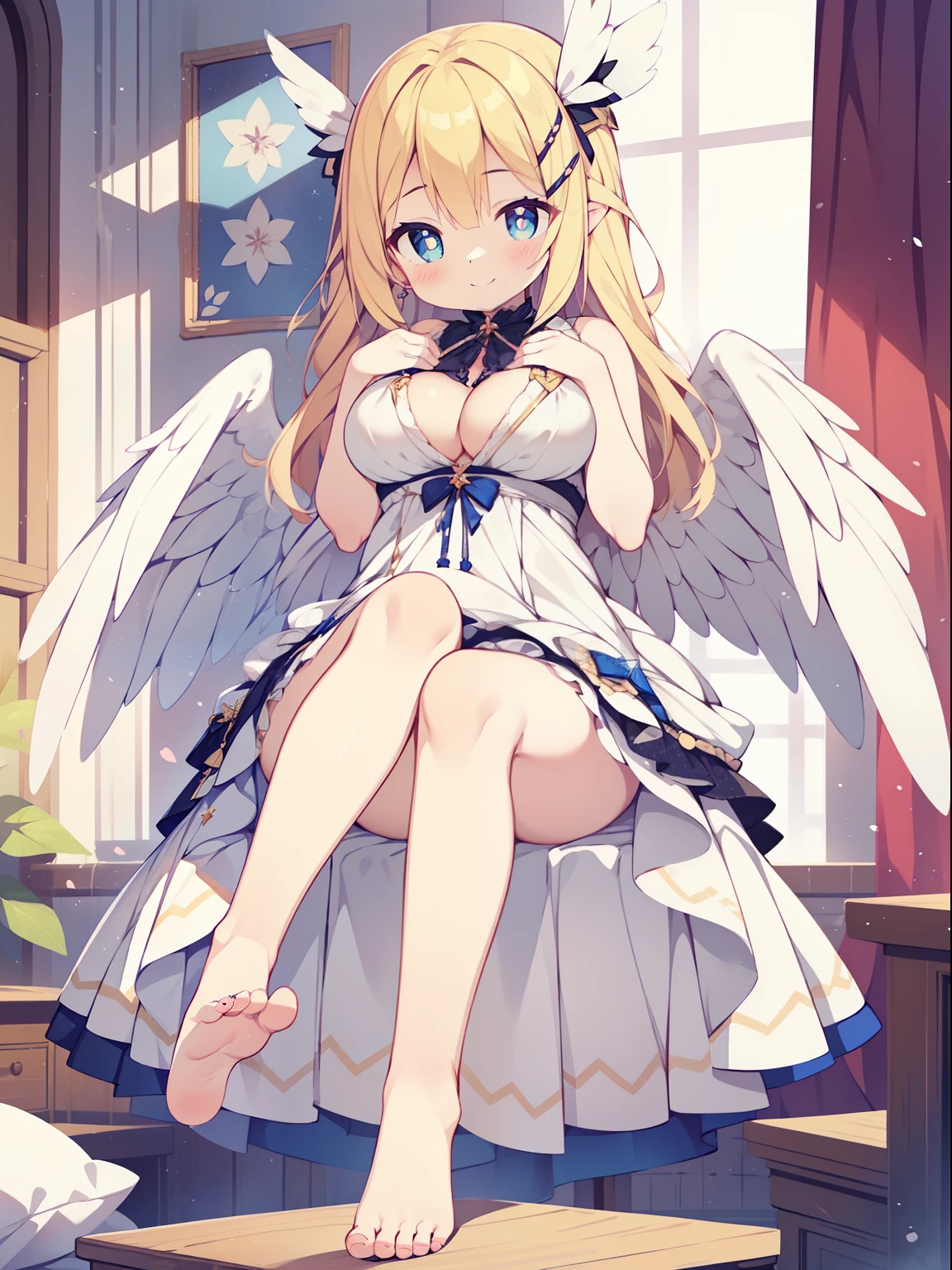 (one angel girl:1.2), (alone:1.2),(13 year old girl)、young girl、big breasts、 table top, nffsw、shader、highly detailed eyes、blonde、silky hair、ultra-intricate pupil in eyes、highest quality、Dresses that are too big for your body type、hide cleavage、Low exposure、bright colors、Bust 100、Standing picture of the game、Pose to emphasize、Angel Dresses(Large and wide々It was、white)(big fluffy costume)(side boob)、angel ring、angel wings、Mini skirt dresses、panty shot、thin legs、barefoot、Chin Elkai、bare hands、stinky eyes、ニヤリIt was表情、evil smile、Showing the soles of the feet、whiteい衣装、