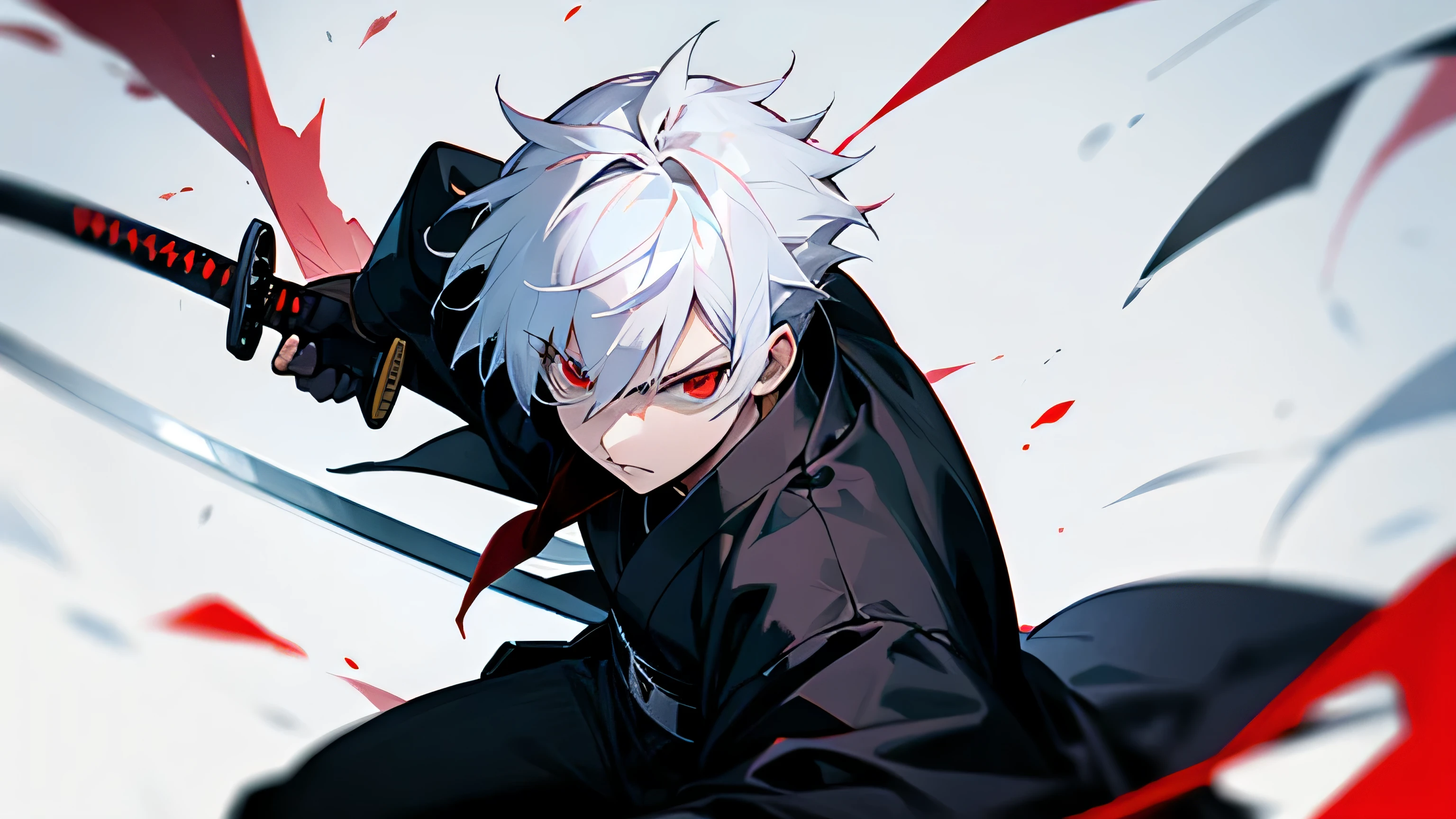 fights, boy, Red eyes,White hair, katana with blade, black clothing