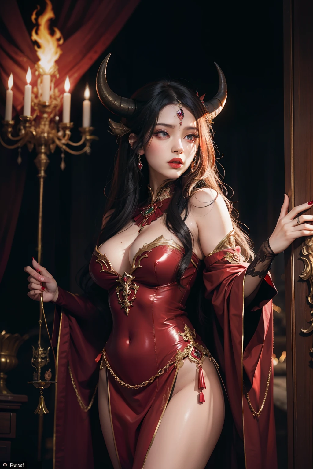 On a lighter background, the female devil with radiant glowing eyes emerges even more captivatingly. Her dark-ruby skin subtly contrasts the brightness, while her intricately curved horns and flowing infernal robe stand out prominently in this opposition. The intensity of her gaze, with a fiery aura, is strikingly evident, and her presence radiates a compelling mix of both awe and allure. The brilliant surroundings accentuate her impressive stature and the mesmeric otherworldly charm of her supernatural persona.