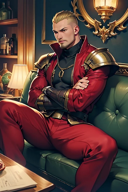 Ragnar wearing the flash's clothes and armor sitting like mafia boss.