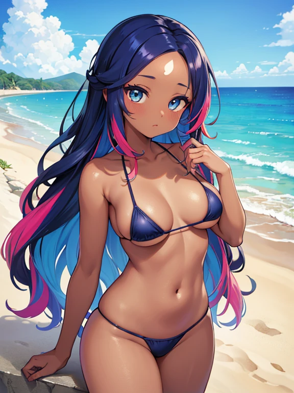 (masterpiece, high quality, high resolution, absurd, super detailed, High saturation、8k),real:1.5,solo,(micro bikini),sexy girl,neat and clean、sexy、(dark skin)、beautiful eyes、forehead,wavy hair,(colorful hair:1.5),standing、 ,(beach),