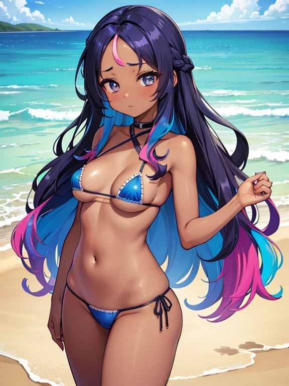 (masterpiece, high quality, high resolution, absurd, super detailed, High saturation、8k),real:1.5,solo,(micro bikini),sexy girl,neat and clean、sexy、(dark skin)、beautiful eyes、forehead,wavy hair,(colorful hair:1.5),standing、 ,(beach),