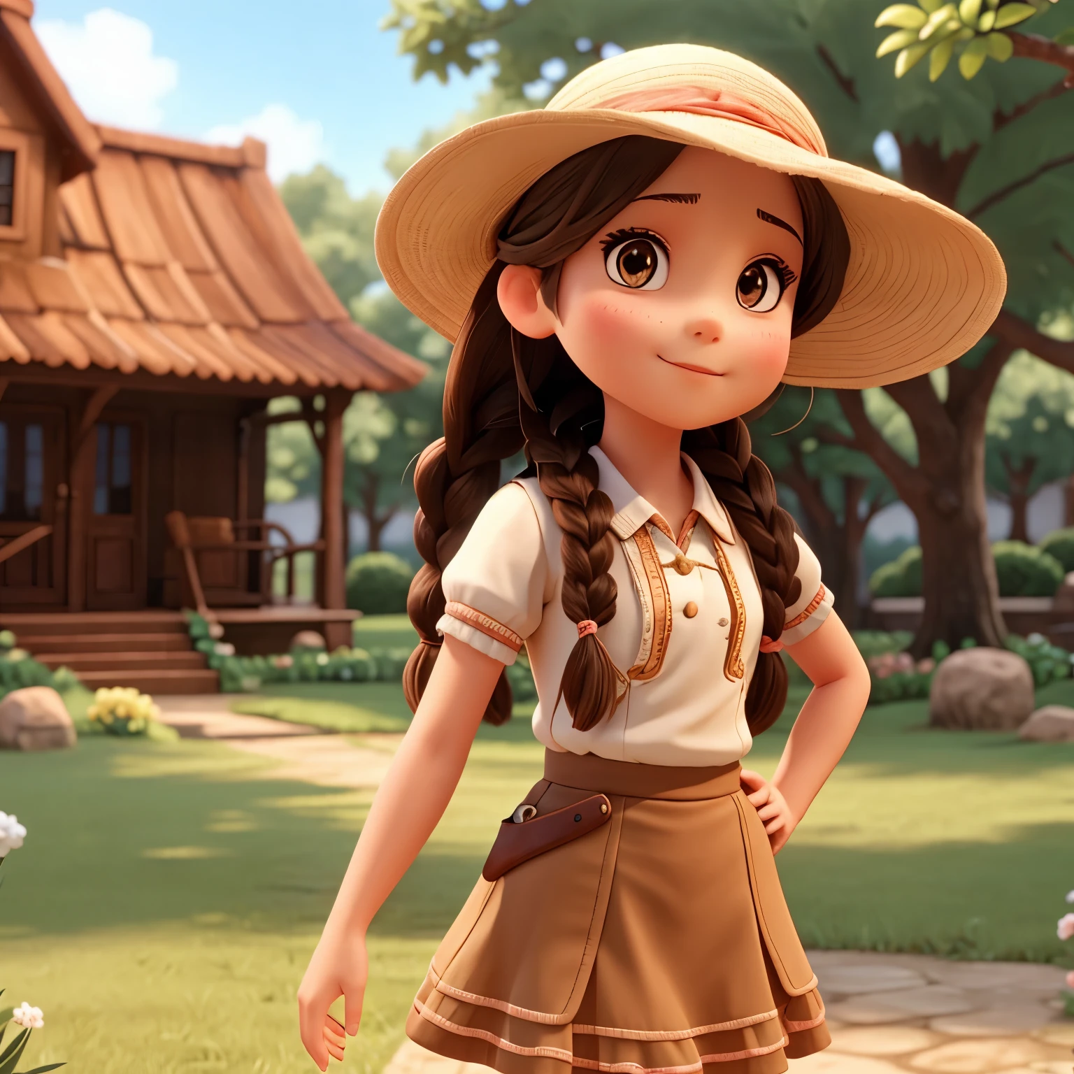 Pretty with braid hairstyle wearing hat and little skirt standing and looking forward