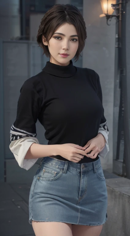 Short length、longsl-sleeves sweater、Denim miniskirt、open abdomen,、frontage、is standing、A slender、(masuter piece:1.3)、(8K、Photorealsitic、Raw photography、top-quality: 1.4)、(1girl in)、美丽的面容、(Lifelike face)、(A dark-haired、short-hair:1.3)、Beautiful hairstyle、realisticeyes、Beautiful details、(real looking skin)、Beautiful skins、(Sweaters)、absurderes、enticing、超A high resolution、A hyper-realistic、high-detail、the golden ratio