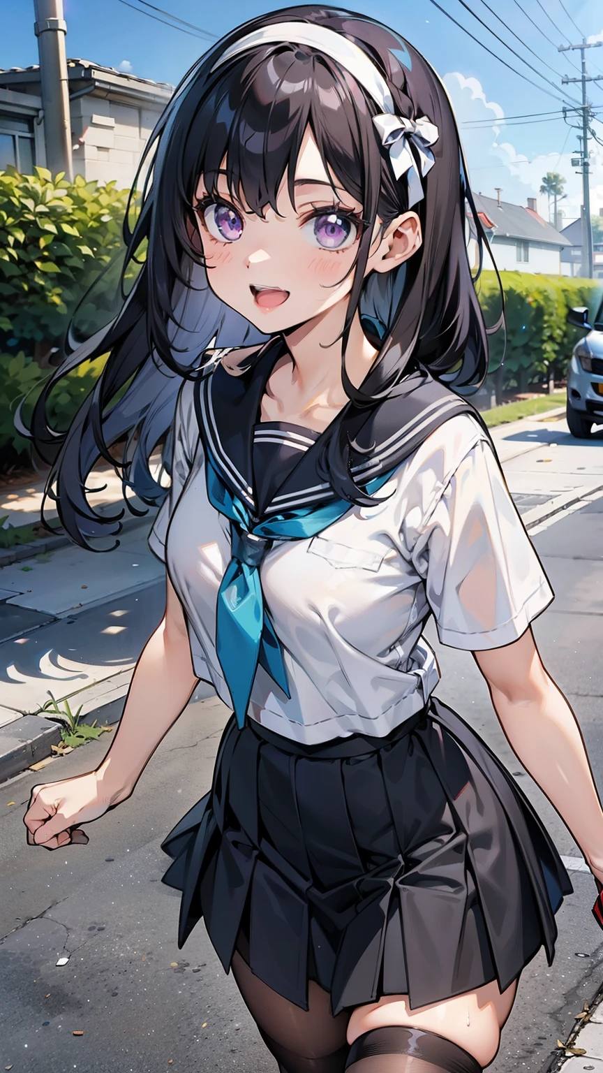 body 8 times longer than head, (Highly detailed CG unity 8k), (highest quality),(very detailed),(ultra high resolution), black hair, High school girl wearing a navy sailor suit, Anime 2D rendering, realistic young anime high school girl, (White headband), smile, purple eyes, small breasts, tall, slanted eyes, school scenery, black stockings, bright color, open your mouth a little, Dark blue skirt, straight and long hair, Tie your hair with a white ribbon,