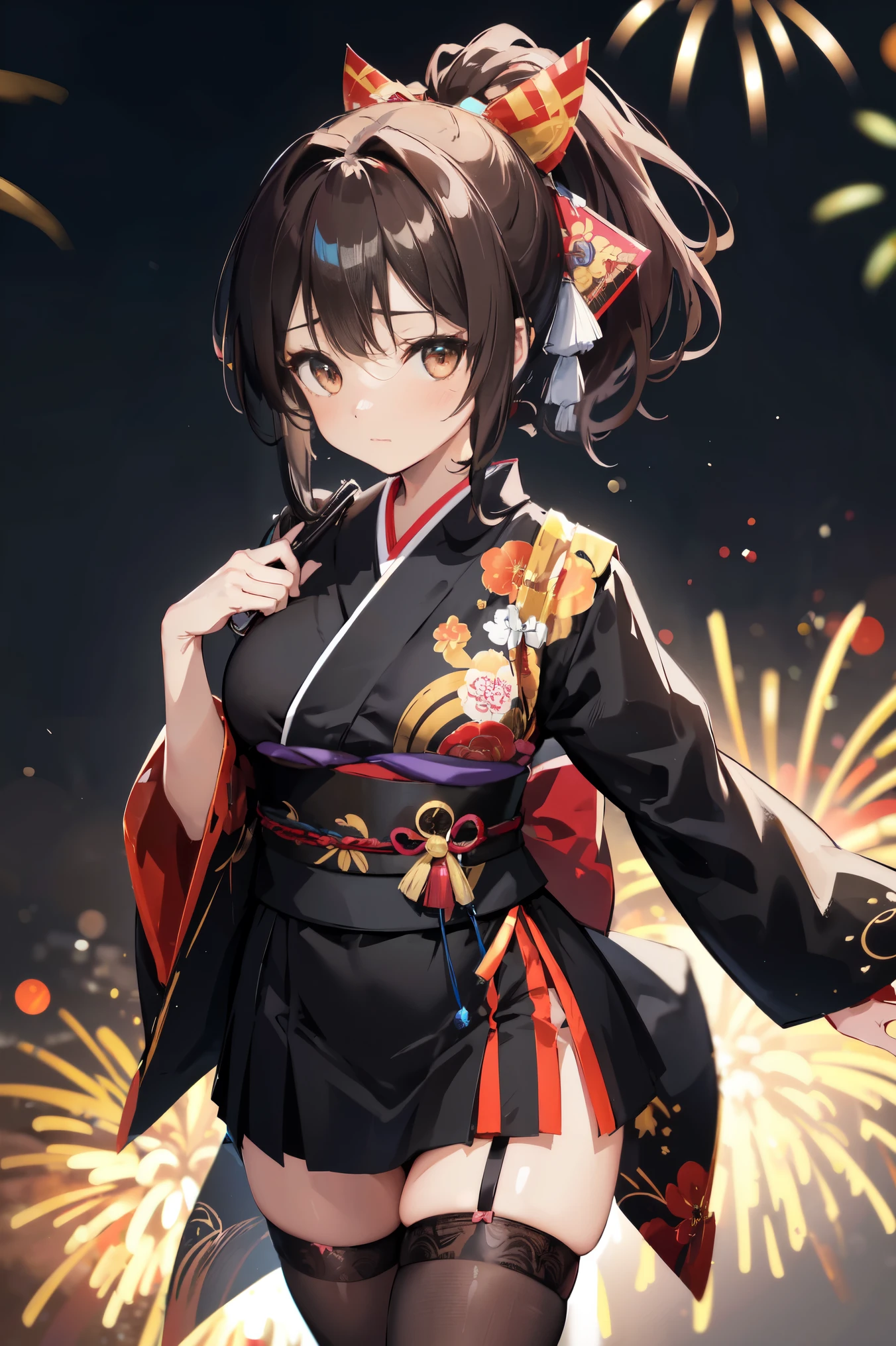 "anime girl, 1 person, dark brown hair, ponytail, ponytail, hairpin, brown eyes, kimono, dark brown kimono, elaborate patterned outfit, stockings, large breasts, blushing , solo, view from different directions, night, festival, New Year's Eve fireworks, watch fireworks (full HD Image 4K+)"