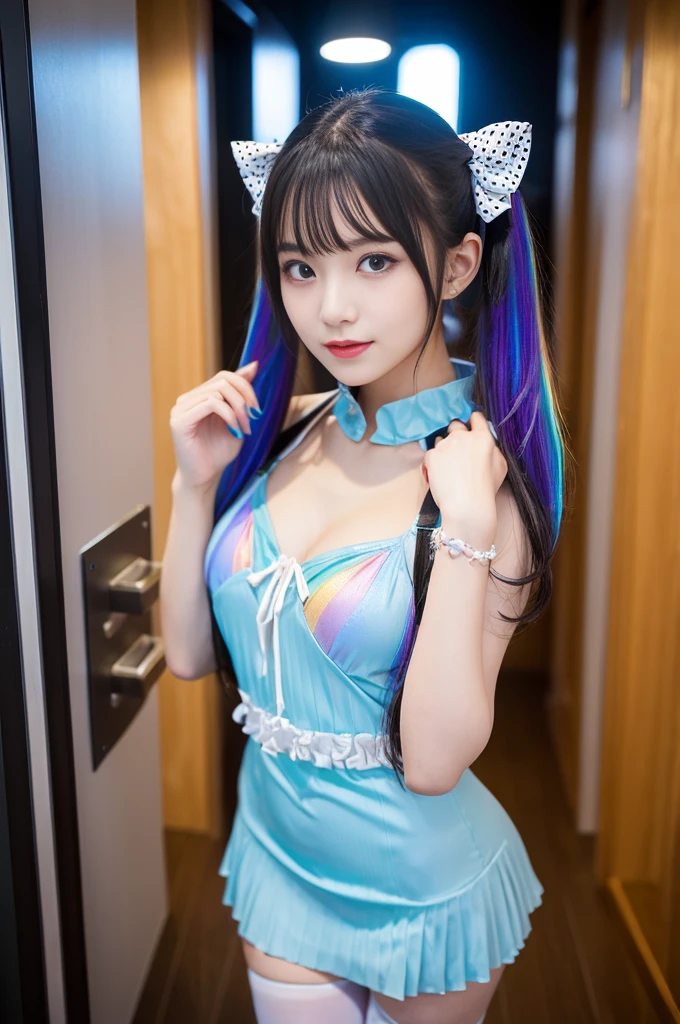 swimsuit、cute rainbow colored hair, idol sculpture, With iridescent hair, ribbon in her hair, idol face、26 year old female, Happy, With twin tails, Perfect symmetrical eyes,green eyes、 clear shining blue eyes, white skin, Silky smooth skin, stand on something flashy, luxury spaceship, big futuristic hallway, Control panel, wood trim, Decorative plants, warm lighting, wearing a futuristic party dress, pleats (shirt) mini dress (Pastel rainbow colors, and polka dots), wearing pantyhose all over, Cute short boots、swimsuit、random pose