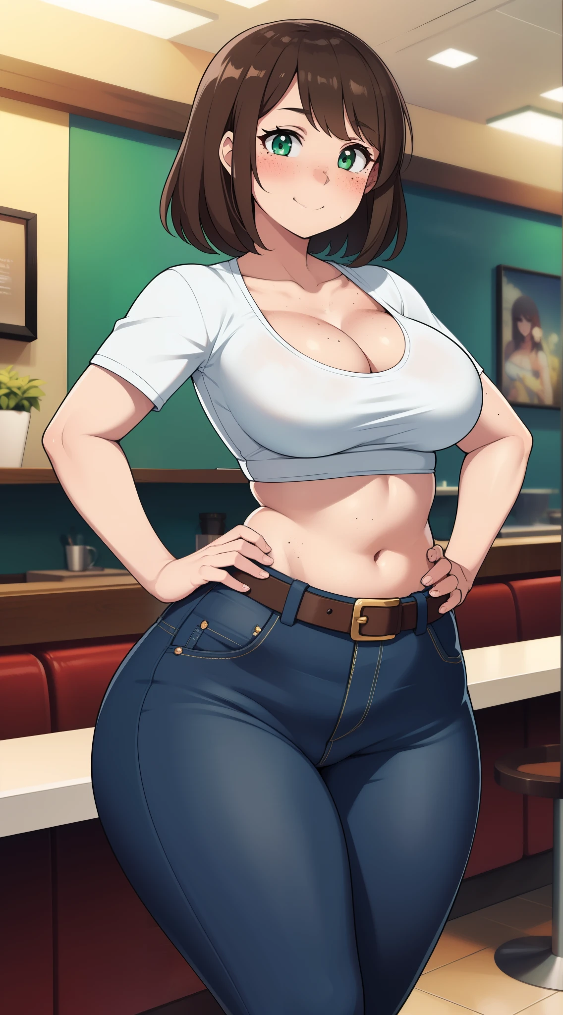  ((highres)), Masterpiece, high quality, best quality, beautiful, perfect lighting, detailed face, ultra cute face, ((1girl)), ((solo), medium brown hair, (fluffy hair), green eyes, freckles, ((blush)), affectionate smile, looking at viewer, hand on hip, arm at side, cafe, daytime, crop top, jeans, belt, (medium breasts), cleavage, perky breasts, ((wide hips)), 