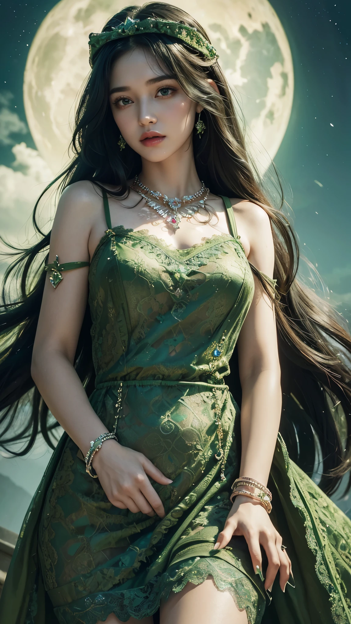 8K, ultra HD, masterpiece, realistic, 1 girl, good face, smoggy makeup, very long hair, princess hairstyle, detailed eyes, detailed lips, medium figure, very detailed dress, (green dress:1.5), (strap:1.5), (lace:1.5), (net stocking:1), (jewelry:1.8), (disney castle), night sky, water, bloom lighting, night lighting, darkness,