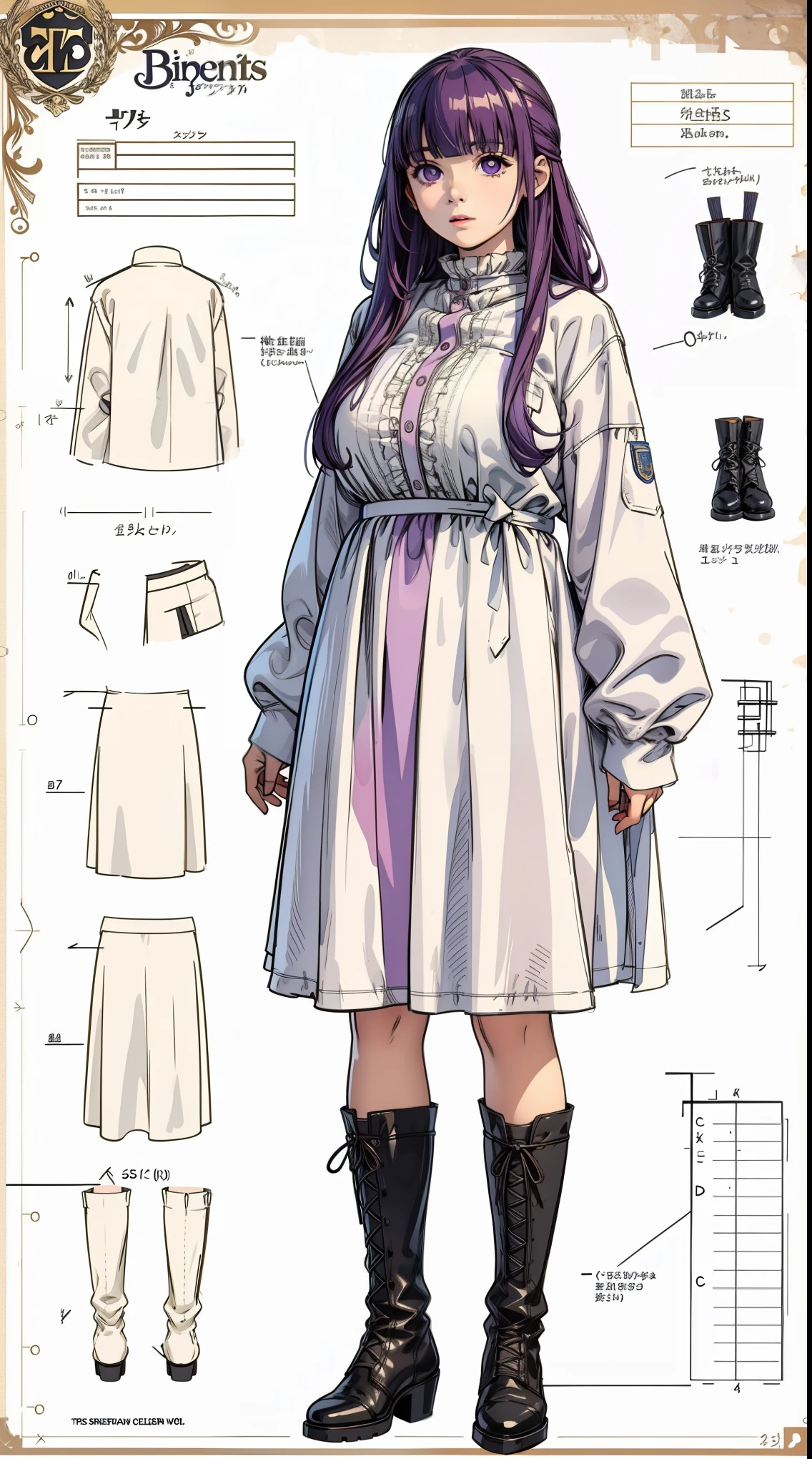 girl, solo, full body, from head to toe, standing, (Huge_Breasts:1.3),
Character Design Sheet, character reference sheet, Blueprint Schematic Drawing, technical drawing, blueprint, schematic,
((Character Design Sheet:1.7, character reference sheet:1.7,)),
fern, fern_clothes, purple hair, dress under a long coat, purple eyes, bangs, long hair, full body, dress, boots, long sleeves, standing, black footwear, white dress, blunt bangs