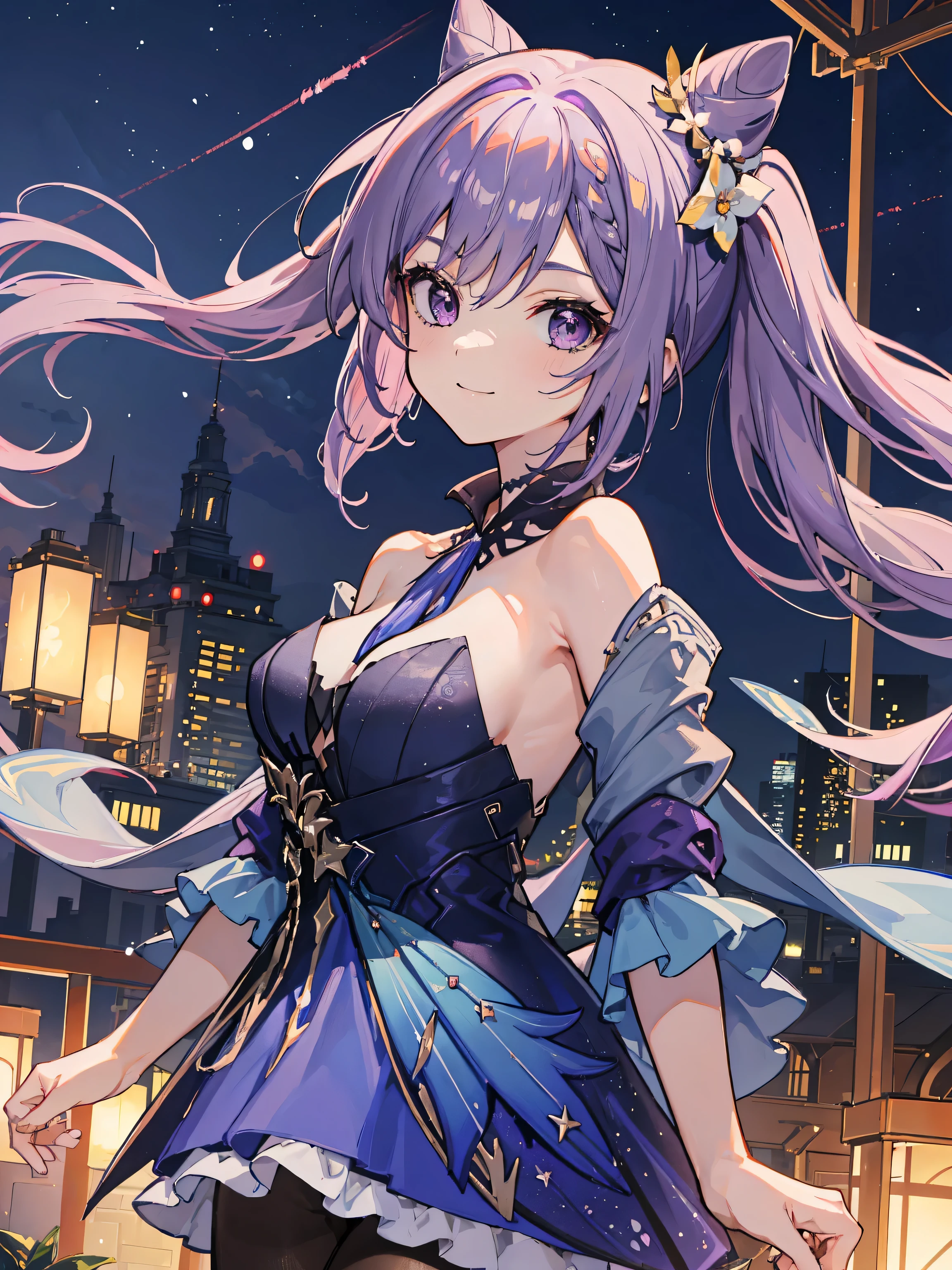 masterpiece, best quality, hyper-detailed, 8k resolution, RAW photo, tanktop , gorgeous face, perfect body, 18yo, Neck turtle, happy, posing for sky, back to camera, purple hair, smile, night, kissing face, stars on the sky, wearing opulent splendor