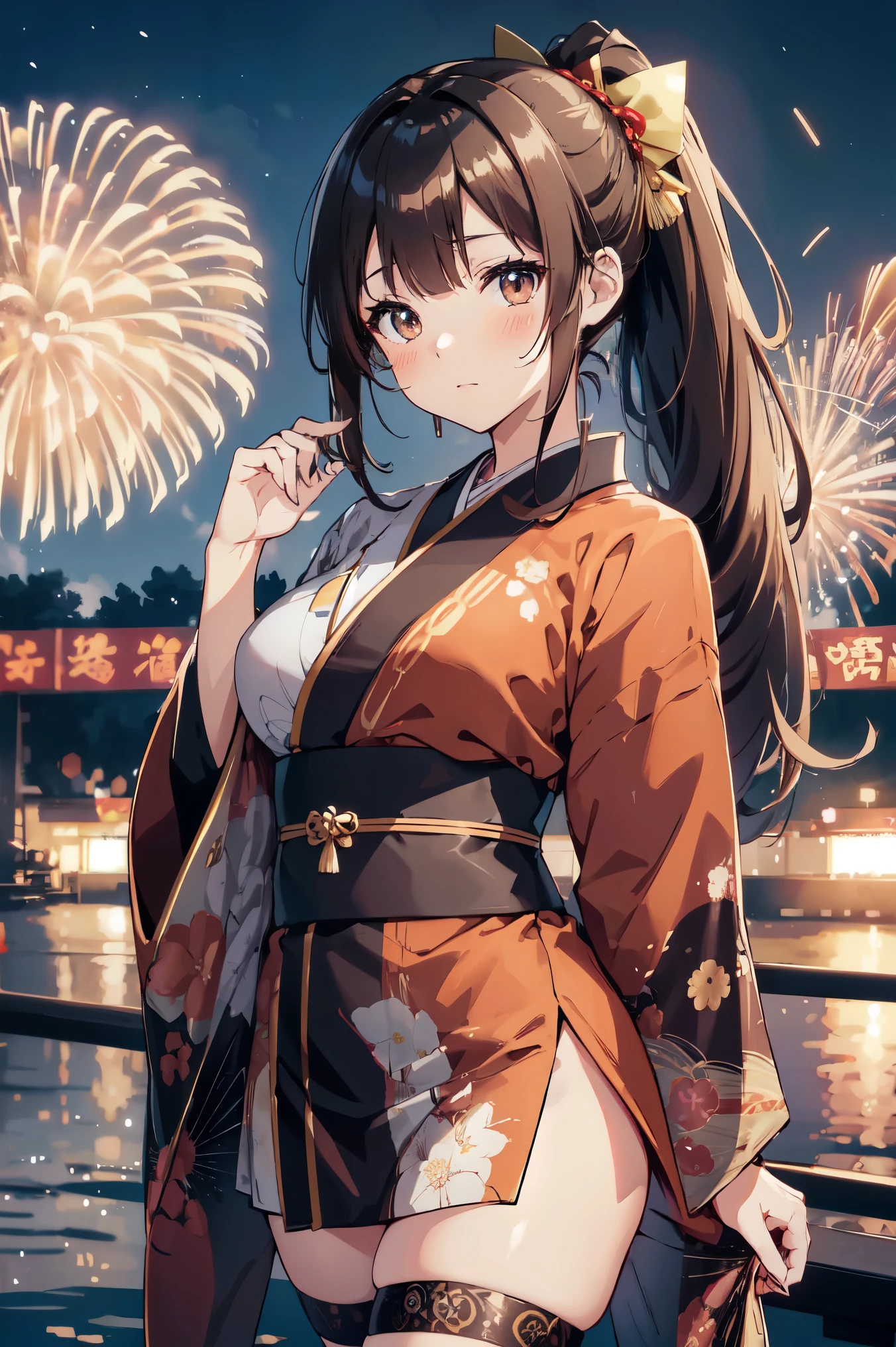 "anime girl, 1 person, dark brown hair, ponytail, ponytail, hairpin, brown eyes, kimono, dark brown kimono, elaborate patterned outfit, stockings, large breasts, blushing  , solo, view from different directions, night, festival, New Year's Eve fireworks, watch fireworks (full HD Image 4K+)"