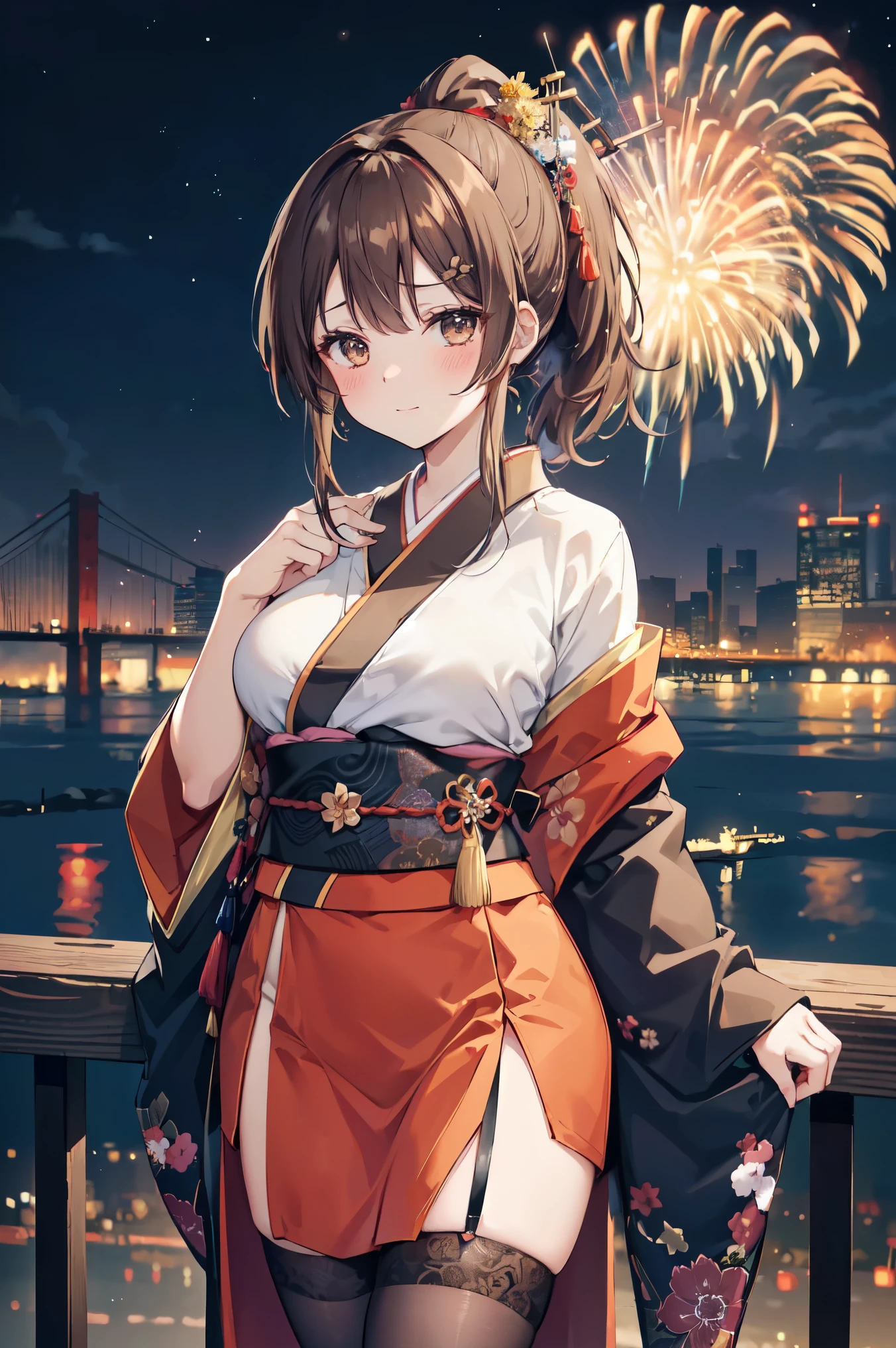 "anime girl, 1 person, dark brown hair, ponytail, ponytail, hairpin, brown eyes, kimono, dark brown kimono, elaborate patterned outfit, stockings, large breasts, blushing , solo, view from different directions, night, festival, New Year's Eve fireworks, watch fireworks (full HD Image 4K+)"
