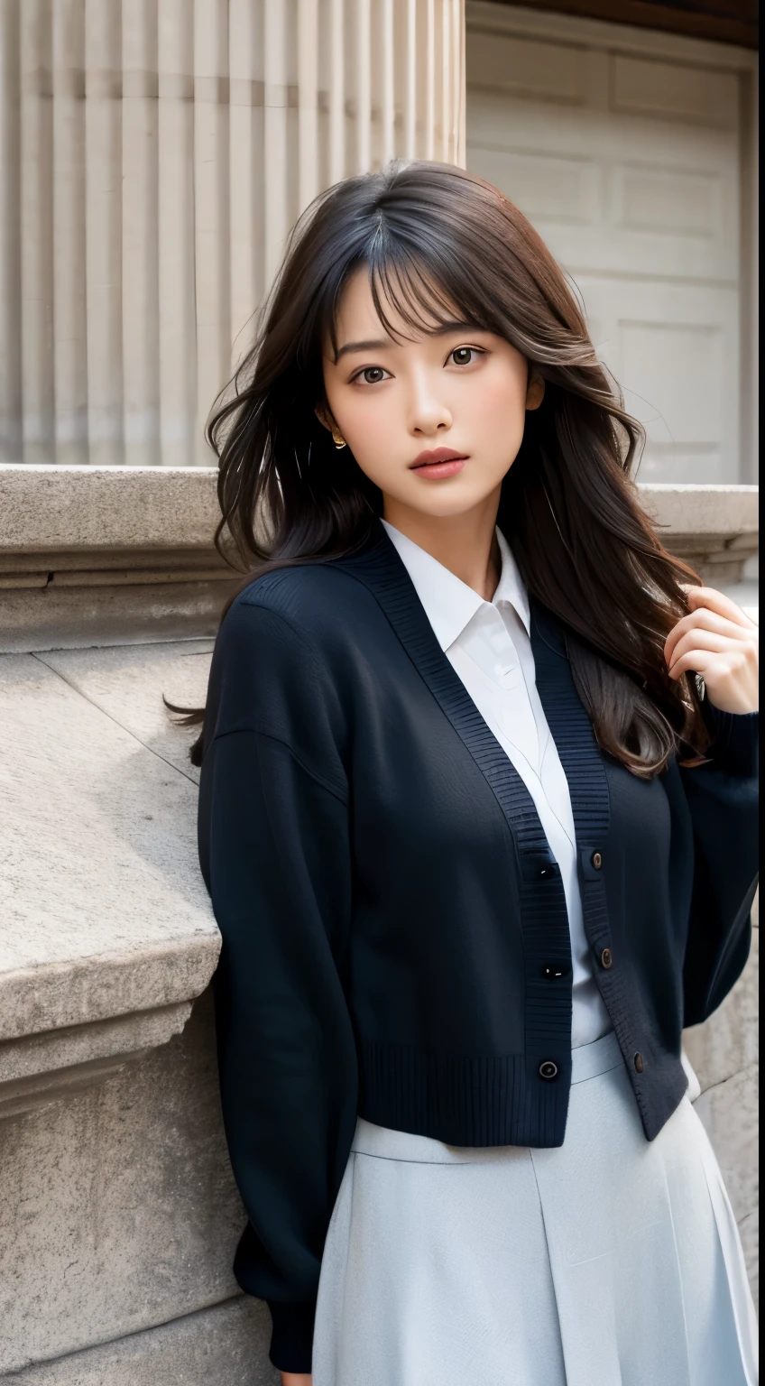 photorealistic, high resolution, soft light,1women, solo, hips up, (detailed face), jewelry, Mori Ran,(black hair, long hair, wavy hair), school uniform