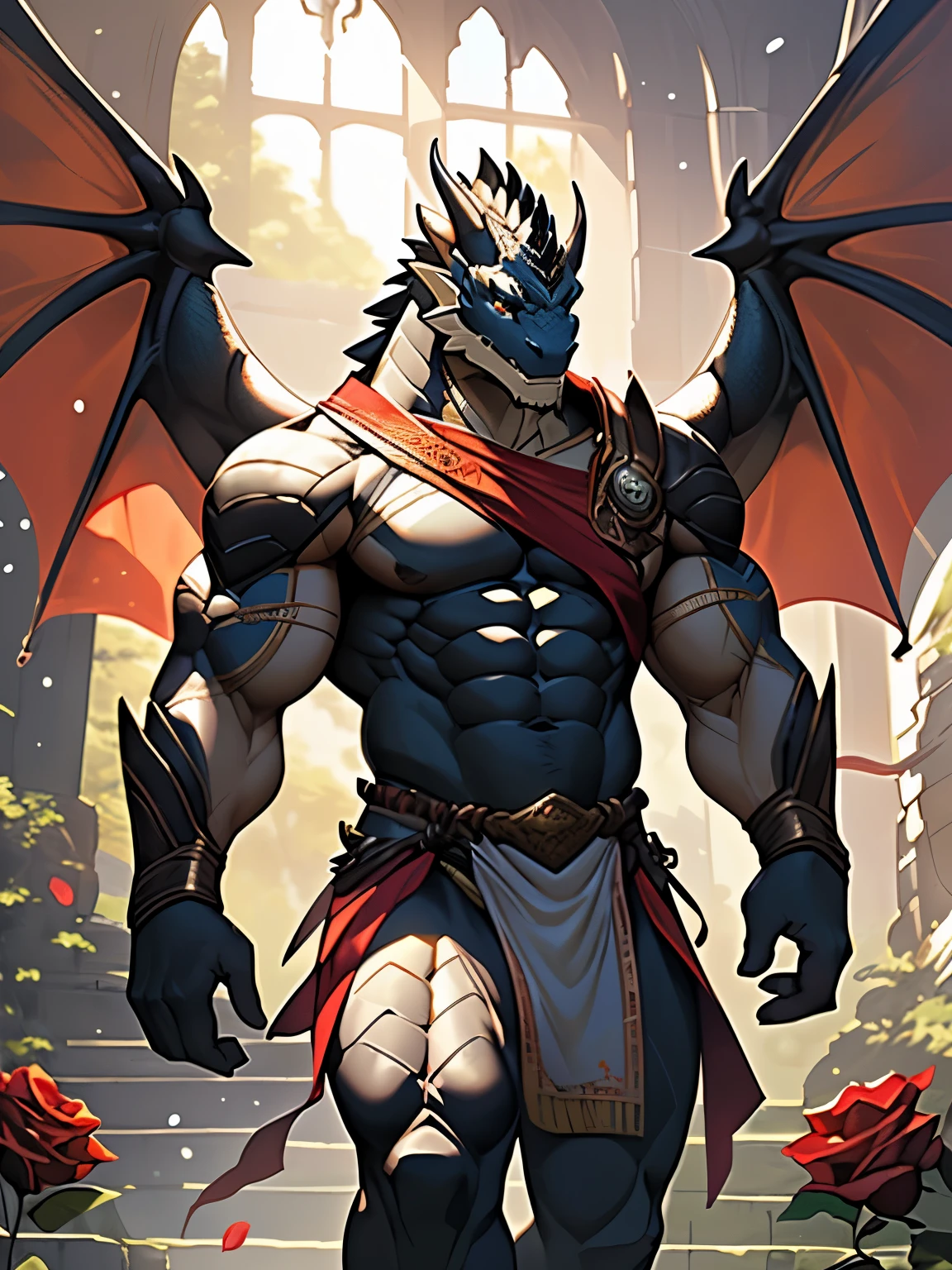 Anthropomorphic male dragon, His body is decorated with luxurious lace underwear, Highlight his muscular body and sharp claws. Wrap his body tightly, Showing the outline of the chest, abdomen, and weapons. His wings, Stretch and Elegance, Delicate lace pattern glitters in the light、dance to tune. dragon'Tail, Long-lasting and powerful, In sharp contrast to the gorgeous clothing. He has a gold nipple ring,Connected with a delicate chain, Drawing attention to his protruding chest,Emphasizes his charming masculinity. dragon'Eyes are attractive, Full of confidence and, Highlight underwear and decorative embellishments. The background of this photo is a luxurious bedroom, Equipped with luxurious furniture and soft, Create an atmosphere of indulgence and sensuality.