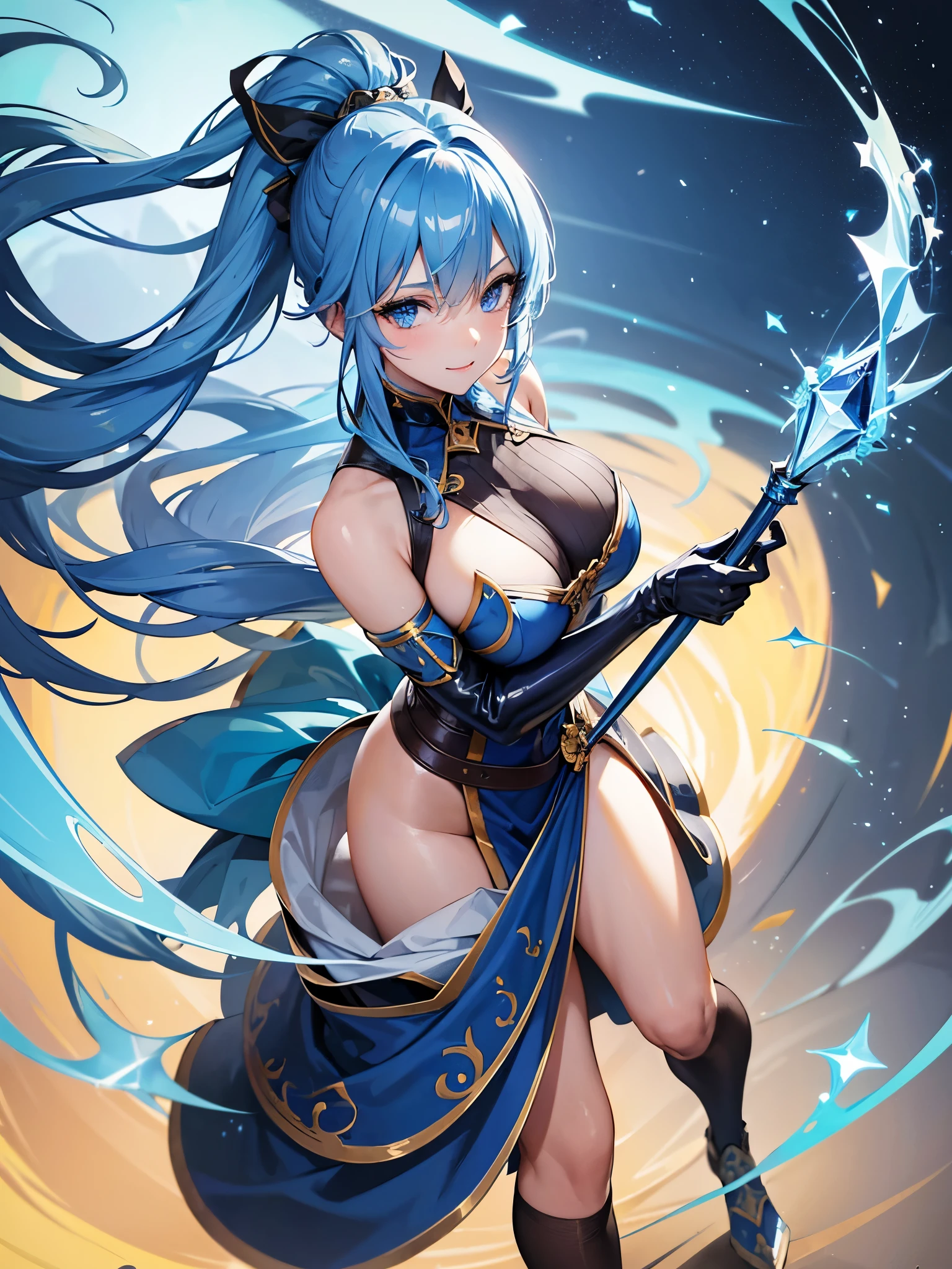 ((masterpiece)), ((best quality)), (ultra-detailed), ((extremely detailed)),(8K), best quality, (beautiful), full body focus,beautiful middle age woman ,blue metal majic full armor,blue knight woman, blue brade long sword,blue edge long axe,beautiful blue hair, beautiful blue eyes, long hair,ahoge,huge braid ponytail, huge huge huge ,kindly smile, gleaming, shiny, latex,blue crystal rod,blue the world,open stance,giant blue bird,blue light city background,