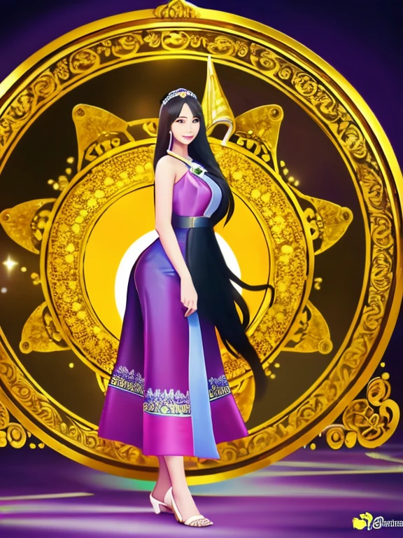 masterpiece, best quality, girl, solo, ((mature female)),, long hair, hair, princess,(upper yellow lower purple) silk dress black dress(dress) (golden dress) fantasy, happy, looking at viewer, cartoon, anime, (oil painting)Burmese girl, 18 years old, Bagan pagoda view background, clear Hd 8k