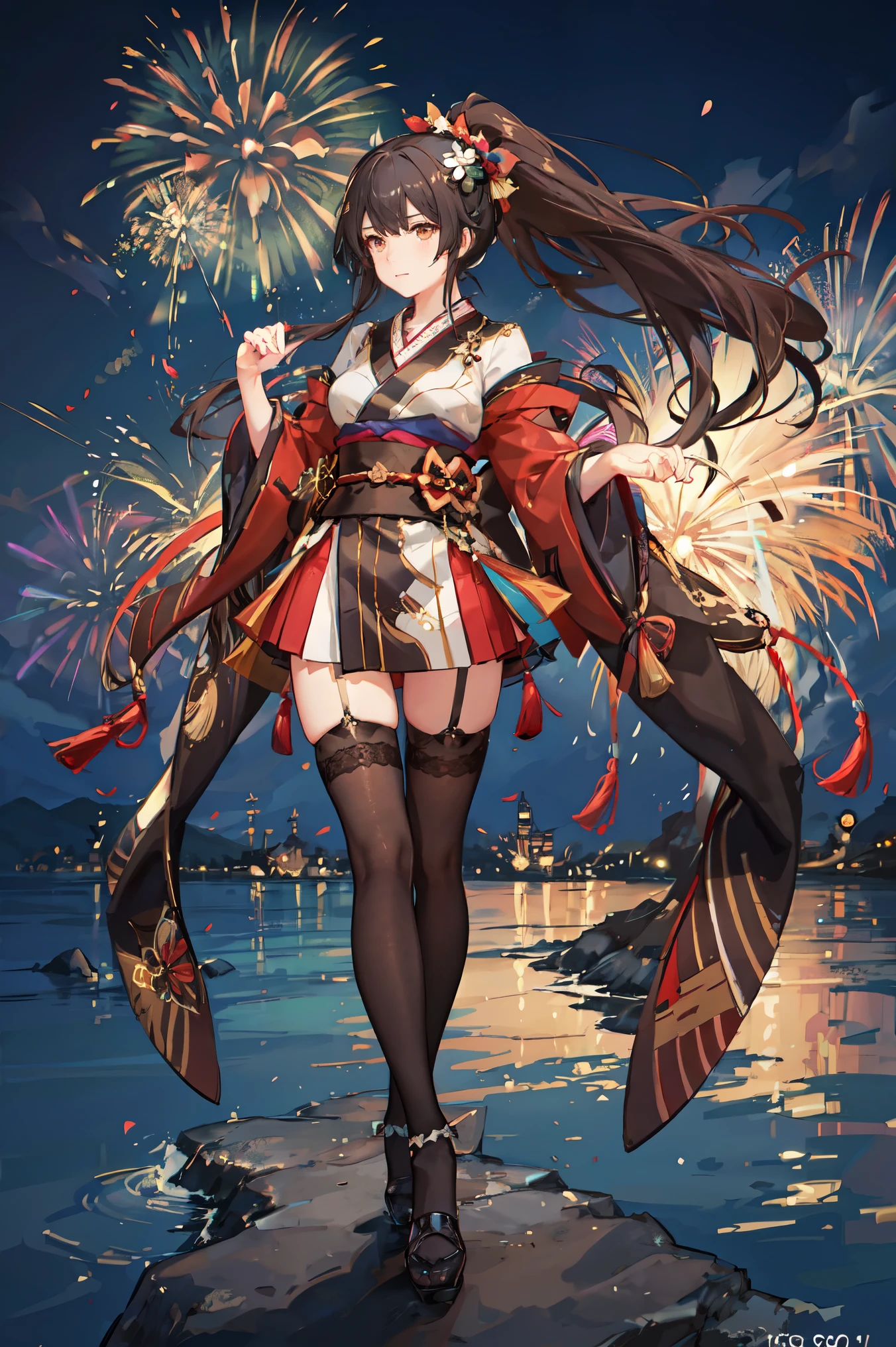 "anime girl, 1 person, dark brown hair, ponytail, ponytail, hairpin, brown eyes, kimono, dark brown kimono, elaborate patterned outfit, stockings, large breasts, blushing , solo, view from different directions, night, festival, New Year's Eve fireworks, watch fireworks (full HD Image 4K+)"