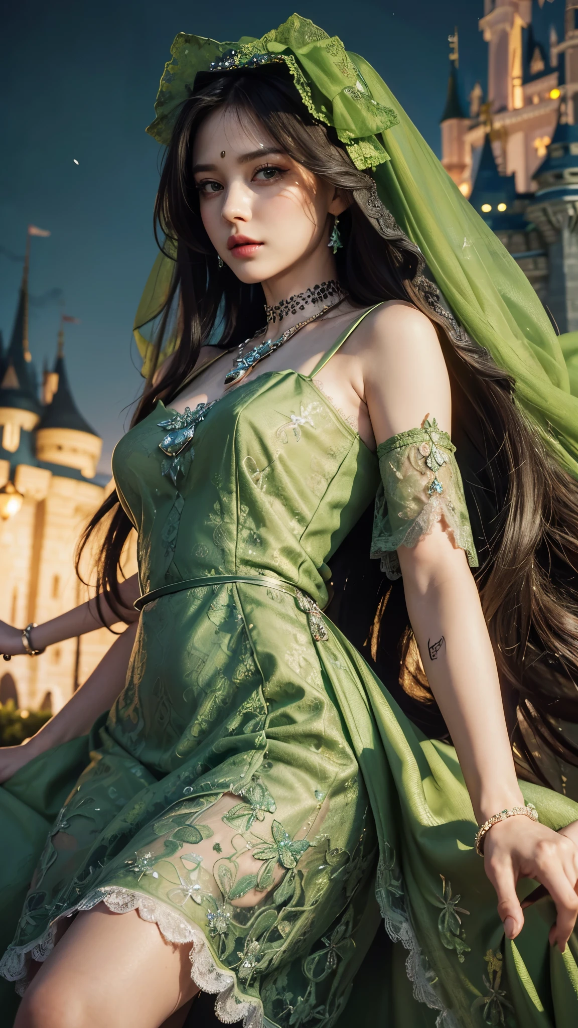 8K, ultra HD, masterpiece, realistic, 1 girl, good face, smoggy makeup, very long hair, princess hairstyle, detailed eyes, detailed lips, medium figure, very detailed dress, (green dress:1.5), (strap:1.5), (lace:1.5), (net stocking:1), (jewelry:1.8), ((disney castle)), night sky, water, bloom lighting, night lighting, darkness, attractive poses,