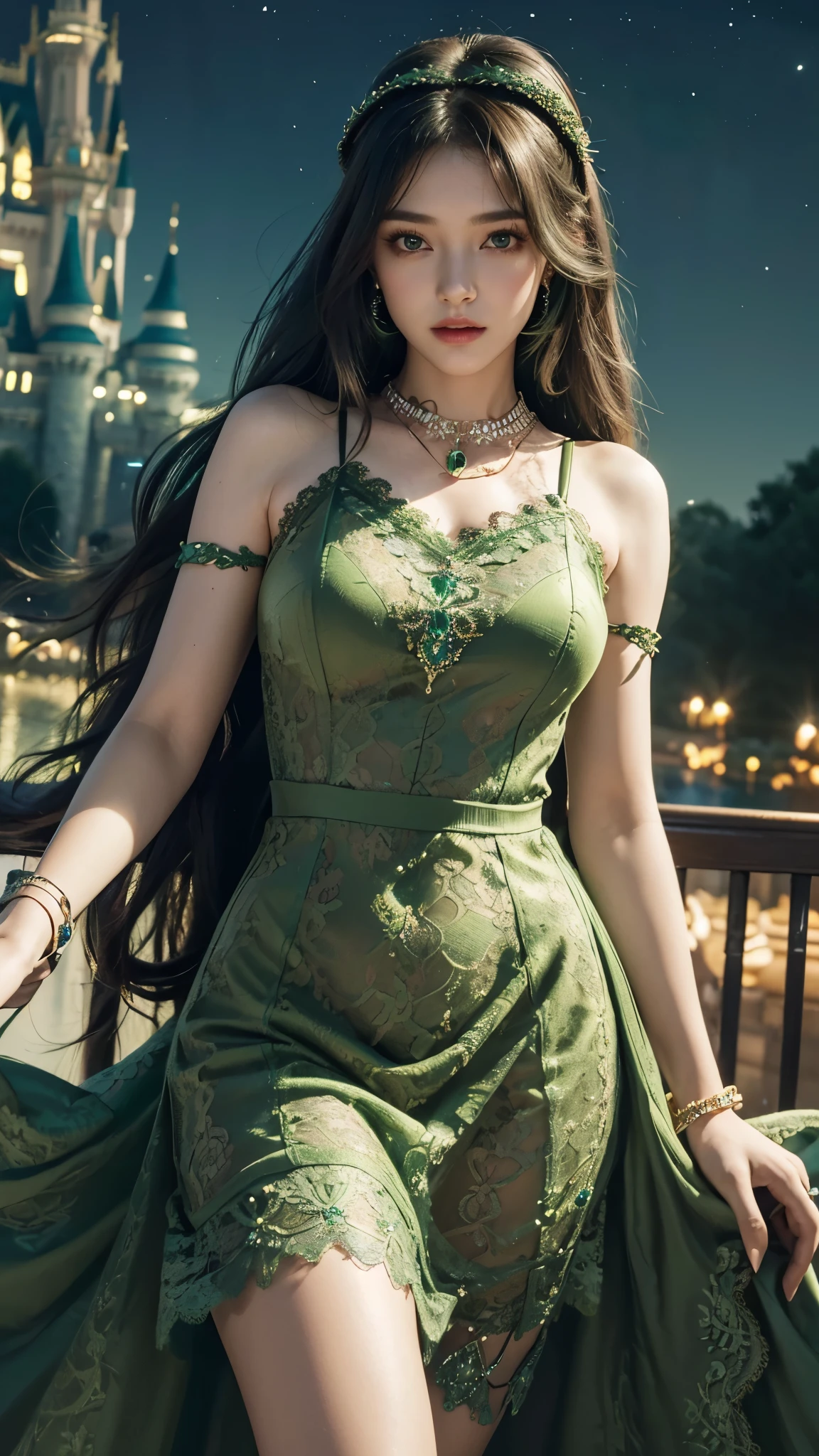 8K, ultra HD, masterpiece, realistic, 1 girl, good face, smoggy makeup, very long hair, princess hairstyle, detailed eyes, detailed lips, medium figure, very detailed dress, (green dress:1.5), (strap:1.5), (lace:1.5), (net stocking:1), (jewelry:1.8), ((disney castle)), night sky, water, bloom lighting, night lighting, darkness, attractive poses,