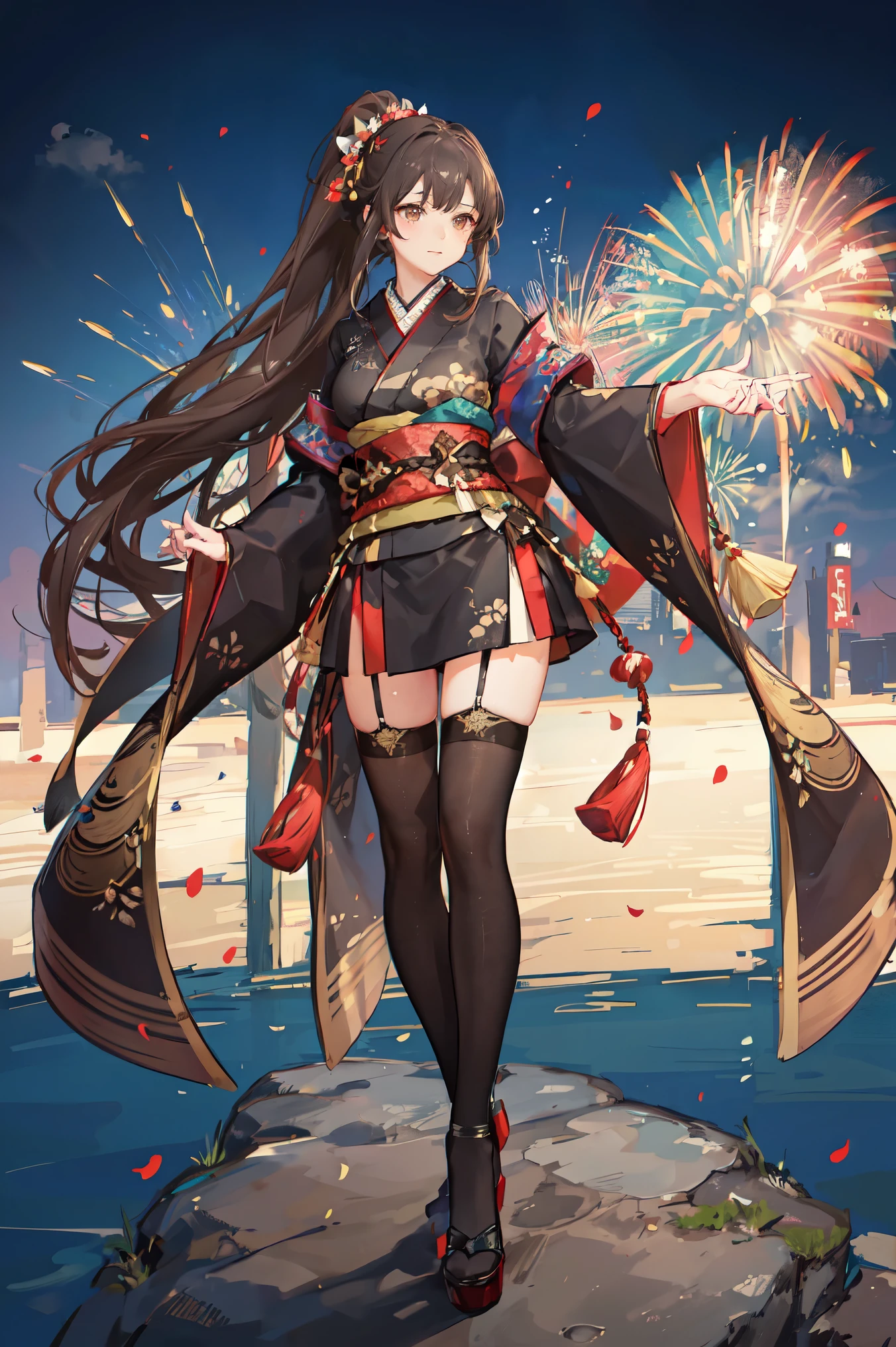 "anime girl, 1 person, dark brown hair, ponytail, ponytail, hairpin, brown eyes, kimono, dark brown kimono, elaborate patterned outfit, stockings, large breasts, blushing , solo, view from different directions, night, festival, New Year's Eve fireworks, watch fireworks (full HD Image 4K+)"