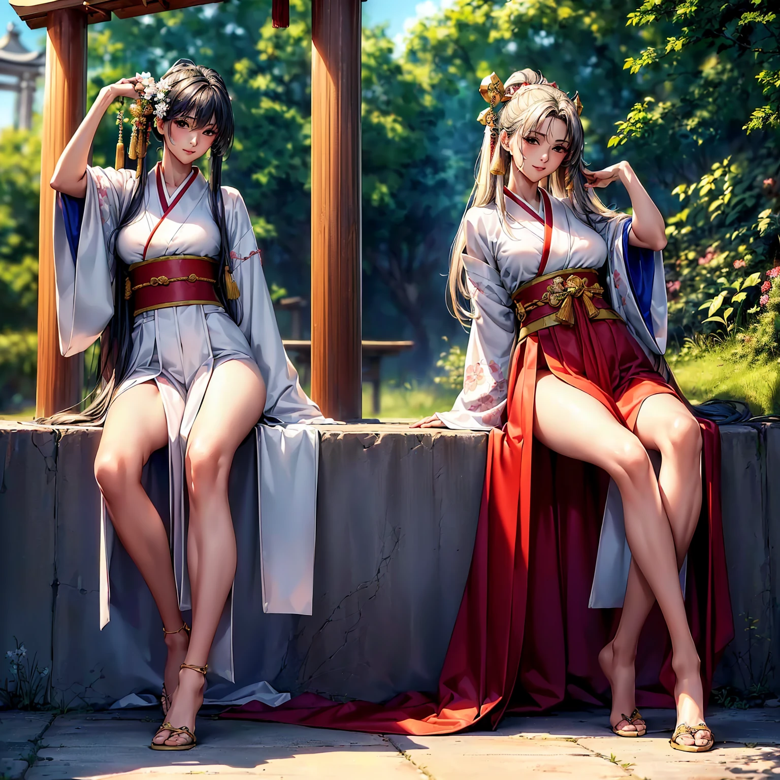 (((highest quality、masterpiece、very high resolution、highly detailed images、detailed details)))、(A woman of perfect and ultimate beauty:18-year-old, beautiful body:Slender and beautiful breasts、beautiful face:smile、beautiful hair:various hairstyles)、(best skin and hair texture)、((shrine maiden costume:white kimono and red hakama)),(Mysterious shrine:There is a company,natural light,beautiful scenery,beautiful scenery),(beautiful pose,model shoot),bijinga,realistic portrait,(Overall image、highly detailed images、accurate image:1.5、accurate anatomy:1.5、Image without defects,perfect image,Overall image),(best shot,RAW photo:1.2)