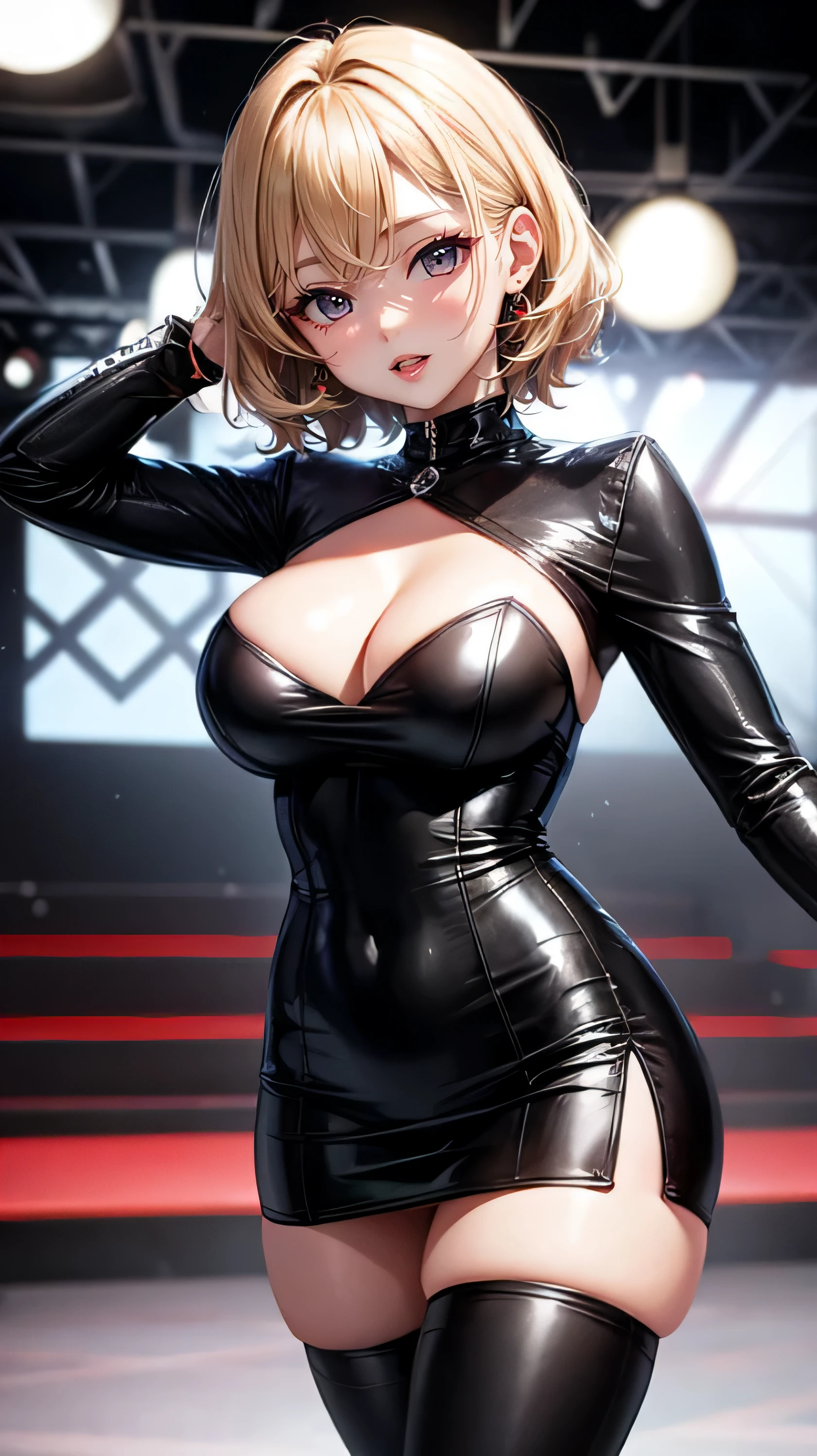 korean idol mature woman ((Chubby round face arafe)) big breasts blonde short hair wavy hair fancy makeup Bright red rouge lips Sexy gaze Glossy Enamel Leather Black Bodycon Dress、black stockings (fancy lighting stage) Gorgeous atmosphere woman ((Clothes)) Looking at the camera Low angle shooting duck mouth