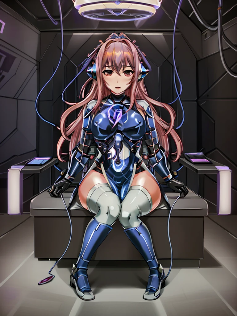 masterpiece, best quality, CG, wallpaper, HDR, high quality, high-definition, extremely detailed, mind control device, 1girl, headset, sitting, helmet, wires, tubes, covered face, bdsm, tied to chair,KasumiDOA,(Inside a futuristic and complex laboratory:1.2),hypnosis,
