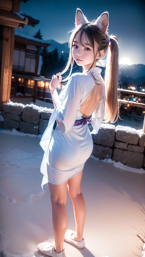 (High Detail CG Unity 16k wallpaper:1.1), (Noise reduction strength:1.45), (masterpiece:1.37), original, (andても上品で美しい), (perfect details), (Unity CG8K Wallpaper:1.05), (beautiful clear background:1.25), (one pretty girl (2 fox ears:0.9) and (fox tail on the back:1.2) Stand by the river:1.15). (Cute type:1.3), (narrow clean eyes:1.lettie face:1.3), silver hair, silver ears, (pink hair:0.7), (Pink ears:0.7), long hair, (japanese kimono:1.25), (windblown hair:1.1), (blue eyes:1.1), ( girl:1. 1) butterfly flapping its wings, (moonlight:0.6), wood, snow dance, (Winter orientation), (night:1.2), (gloves:0.8), alone, (figure), (Depth of bounds written:0.7), (close :0.35), god&#39;s rays, sparks, shining light, (must-have)  