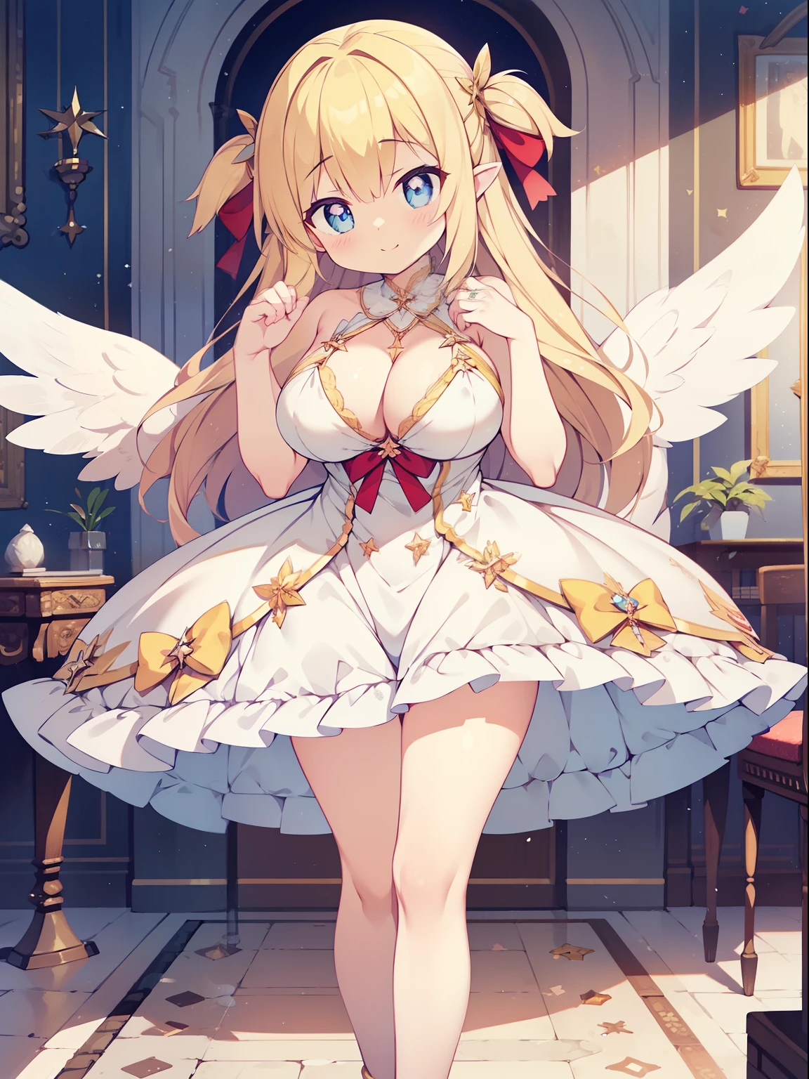(One Angel Girl:1.2), (alone:1.2),(10 year old girl)、young girl、big breasts、 table top, nffsw、shader、brilliant texture work、highly detailed eyes、blonde、Silky hair、ultra-intricate pupil in eyes、highest quality、shocking pink hair、Bright colors、Bust 100、Standing picture of the game、Poses that emphasize、Angel Dress(large and spacious、white)(large fluffy costumes)(side boob)、Angel Ring、angel wings、Mini skirt dress、panty shot、thin legs、barefoot、Qing Ercai、bare hands、evil smile、pink blush、Showing the soles of the feet、whiteい衣装、