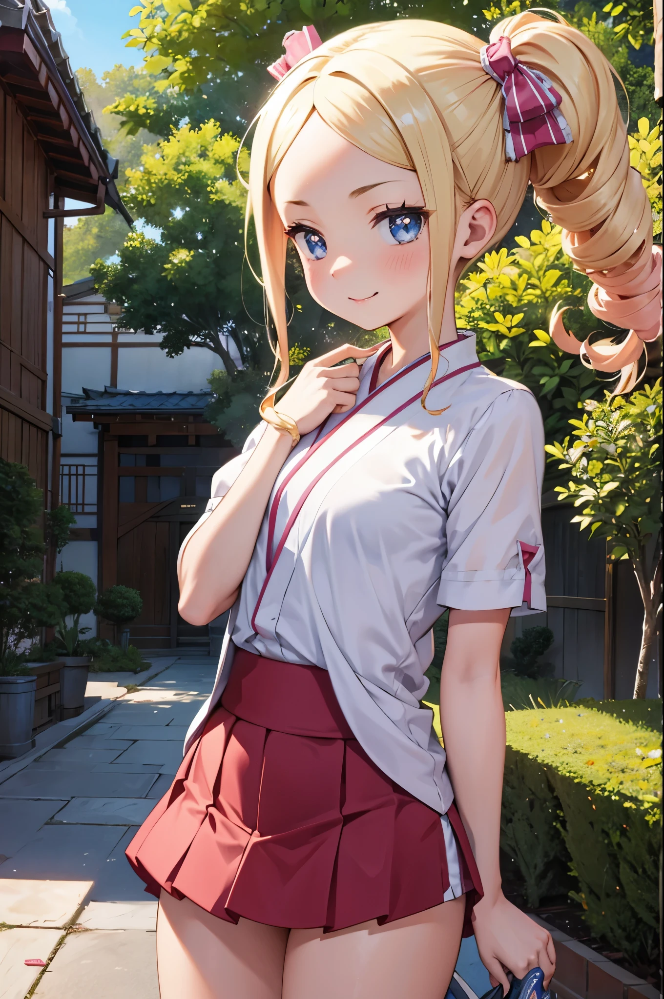 1 girl,  body, Beatrice re: zero, sexy girl, wearing pink panties, tight t-shirt, small breasts, delicate face, blonde hair, beautiful smile, library background, Japan temple background