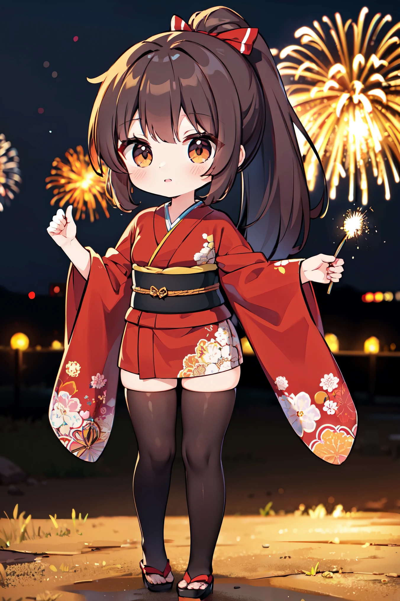 "anime girl, 1 person, dark brown hair, ponytail, ponytail, hairpin, brown eyes, kimono, dark brown kimono, elaborate patterned outfit, stockings, large breasts, blushing  , solo,chibi,full body, view from different directions, night, festival, New Year's Eve fireworks, watch fireworks (full HD Image 4K+)"