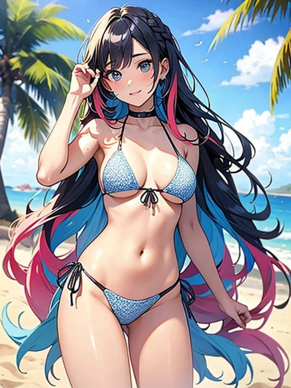 (masterpiece, high quality, high resolution, absurd, super detailed, High saturation、8k),real:1.5,solo,(micro bikini),sexy girl,neat and clean、sexy、beautiful eyes、forehead,wavy hair,(colorful hair:1.5),standing、 ,(beach),