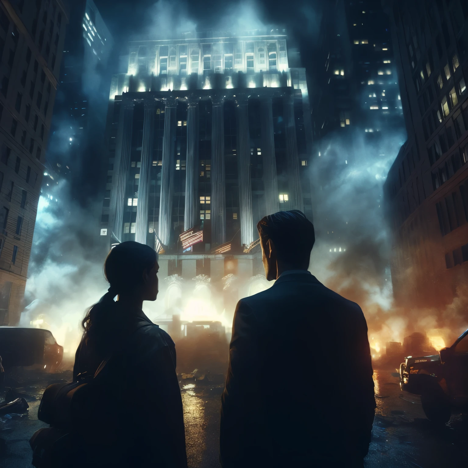 arafed image of two people standing in front of a building, beeple and tim hildebrandt, beeple and greg rutkowski, beeple and mike winkelmann, cinematic beeple, vfx powers at night in the city, beeple global illumination, beeple. hyperrealism, beeple daily art