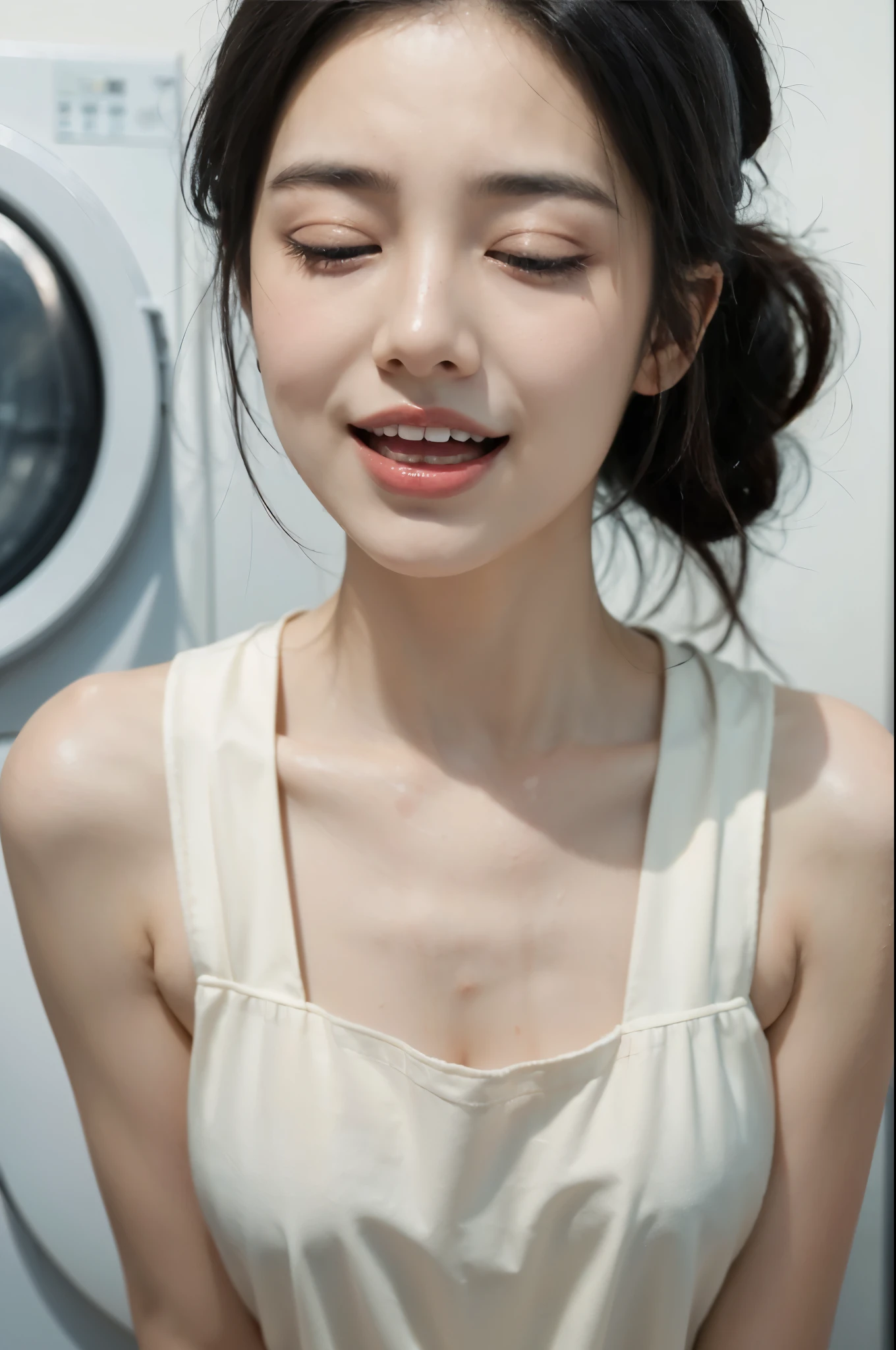 ​masterpiece、beste-Qualit、realisitic、(A hyper-realistic), (illustratio), (high definition resolution), (8K), (highly detaile), (The best illustrations), (beautiful-detailed eyes), (beste-Qualit), (ultra-detailliert), (​masterpiece), (wall-paper), (details face), a bed、Upper body close-up,Armpit, A smile,Plump,独奏,（Girl in silk white tank top with wide open chest）, full of sweat, japanes, large full breasts, (camel's toe)、gigantic-breast、Luxury living room、Detailed, well-groomed white teeth、Ultimate Beauty、shot on the Canon EOS R 6、full of sweat、She's wet、