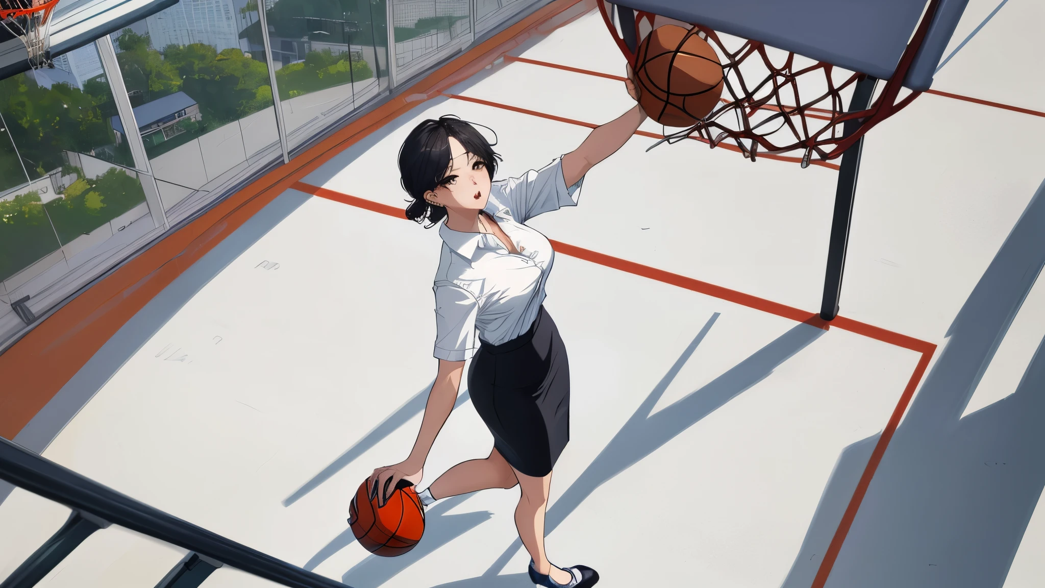 ((play basketball)),an office lady jumps and (drive dunk),outside,charming and mature girl with Korean webtoon style.she wears short white shirt and pencil skirt and platform heels,highres,thin girl,from above pov,sharpening edges,sexy,