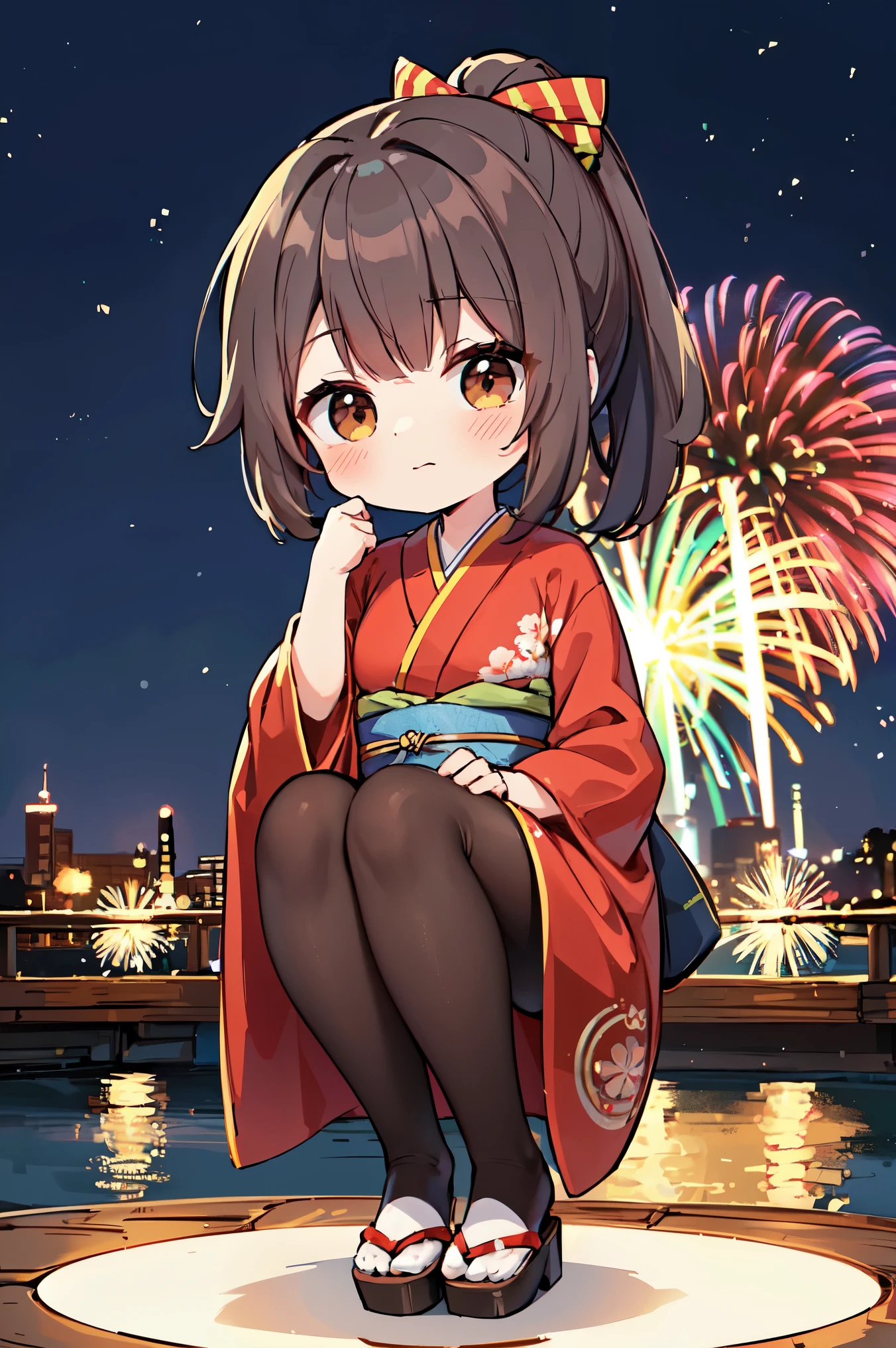 "anime girl, 1 person, dark brown hair, ponytail, ponytail, hairpin, brown eyes, kimono, dark brown kimono, elaborate patterned outfit, stockings, large breasts, blushing  , solo,chibi,full body, view from different directions, night, festival, New Year's Eve fireworks, watch fireworks (full HD Image 4K+)"