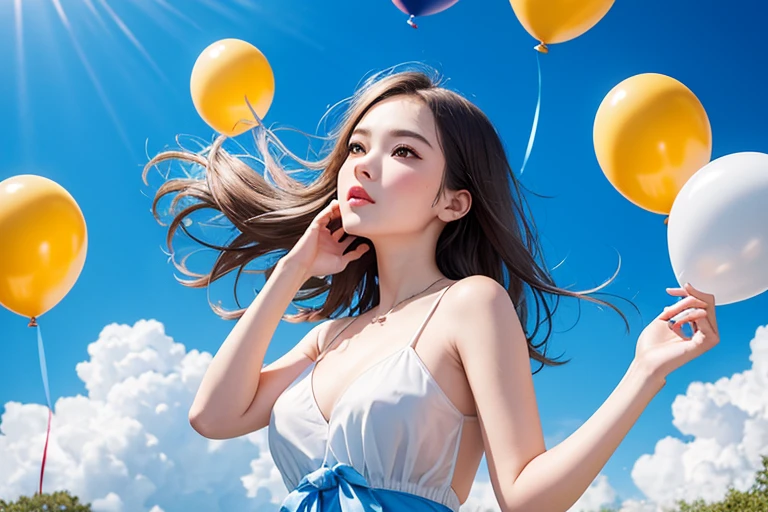 masterpiece, (best quality:1.2), lots of balloons, blue sky, Clear skies, many balloons floating in the sky