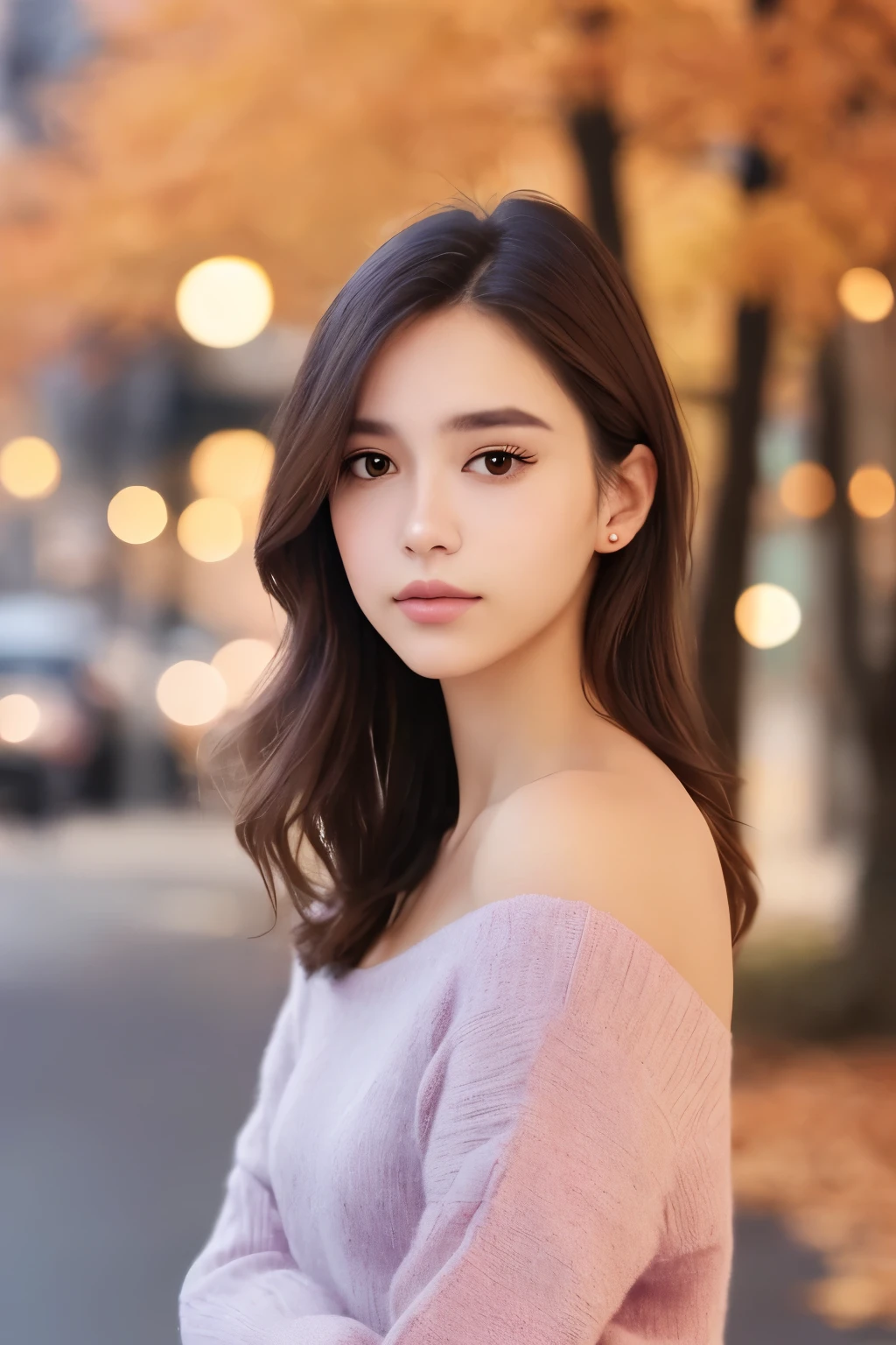 a beautiful woman looking into camera, shoulder, half body portrait, pastel colors, autumn lights